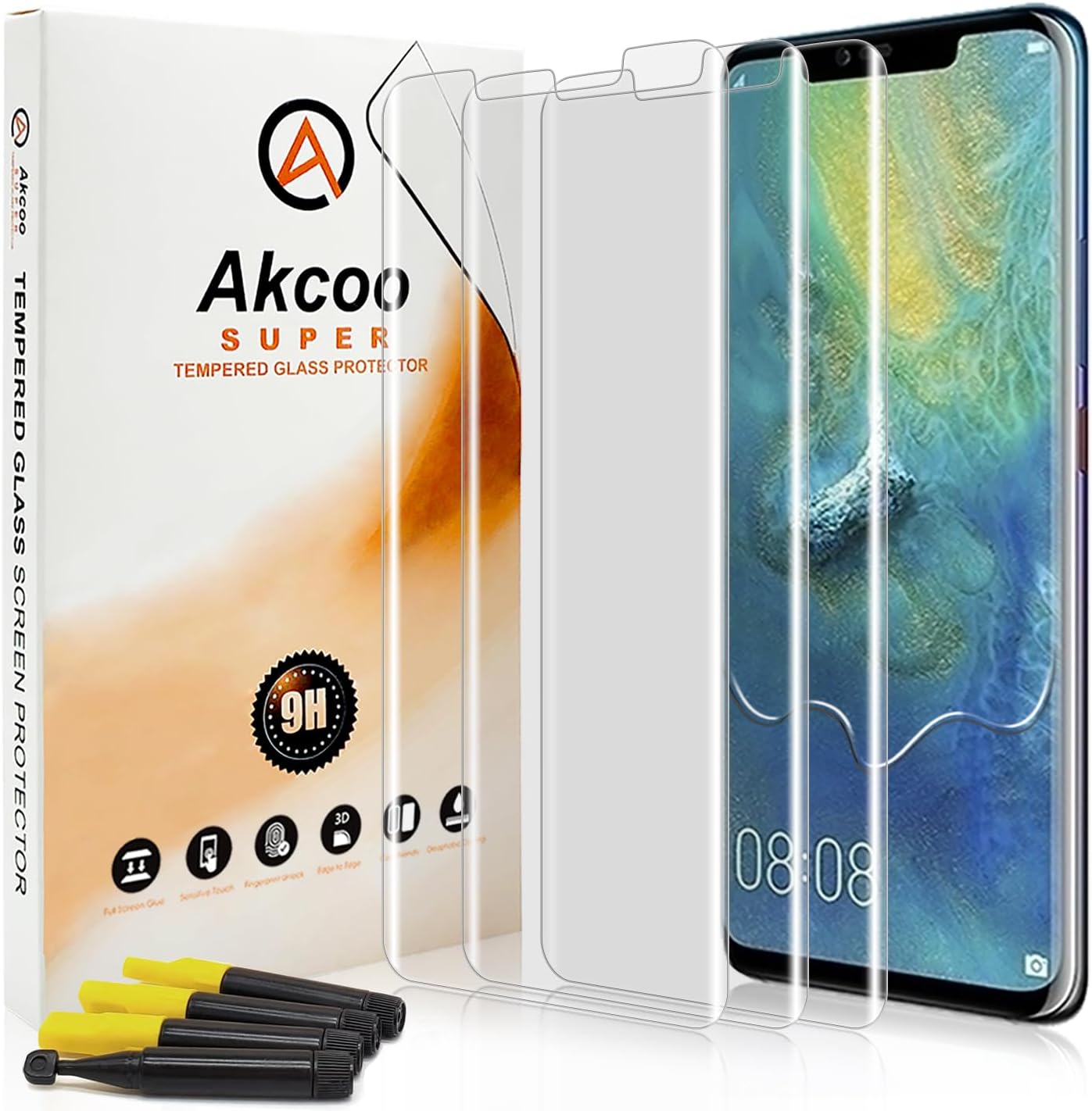 Screen Protector for Huawei Mate 20 Pro, Tempered Glass UV Set - 3 Pack, Edge to Edge Full Protection, 9H Scratch Resistant, Sensitive Touch
