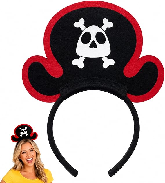 Pirate Headband for Men and Women, Mini Pirate Hat Headband with Skull and Crossbones, Pirate Captain Hairband Accessories for Halloween Party, Cosplay Costume, Festival, Photobooth Hair Prop