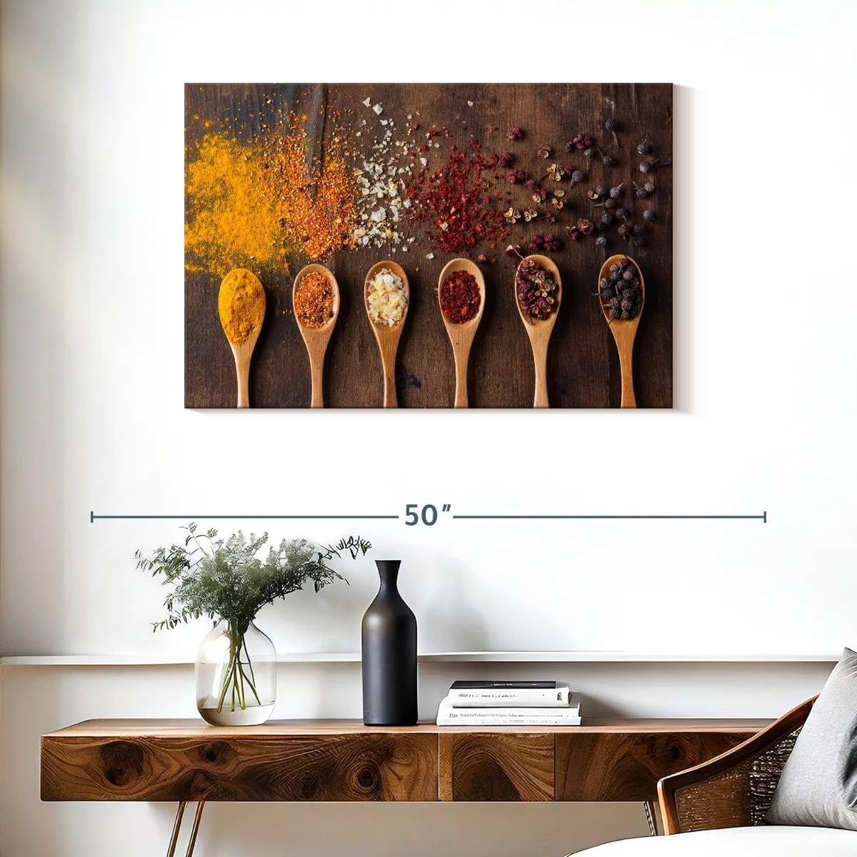 ElephantStock Spoons With Spices Wall Art - Horizontal Wrapped Canvas - 1-Piece Cafe & Restaurant Wall Decor - Photographic Canvas Print - Brown and Beige Decor for Wall - 36" X 24"