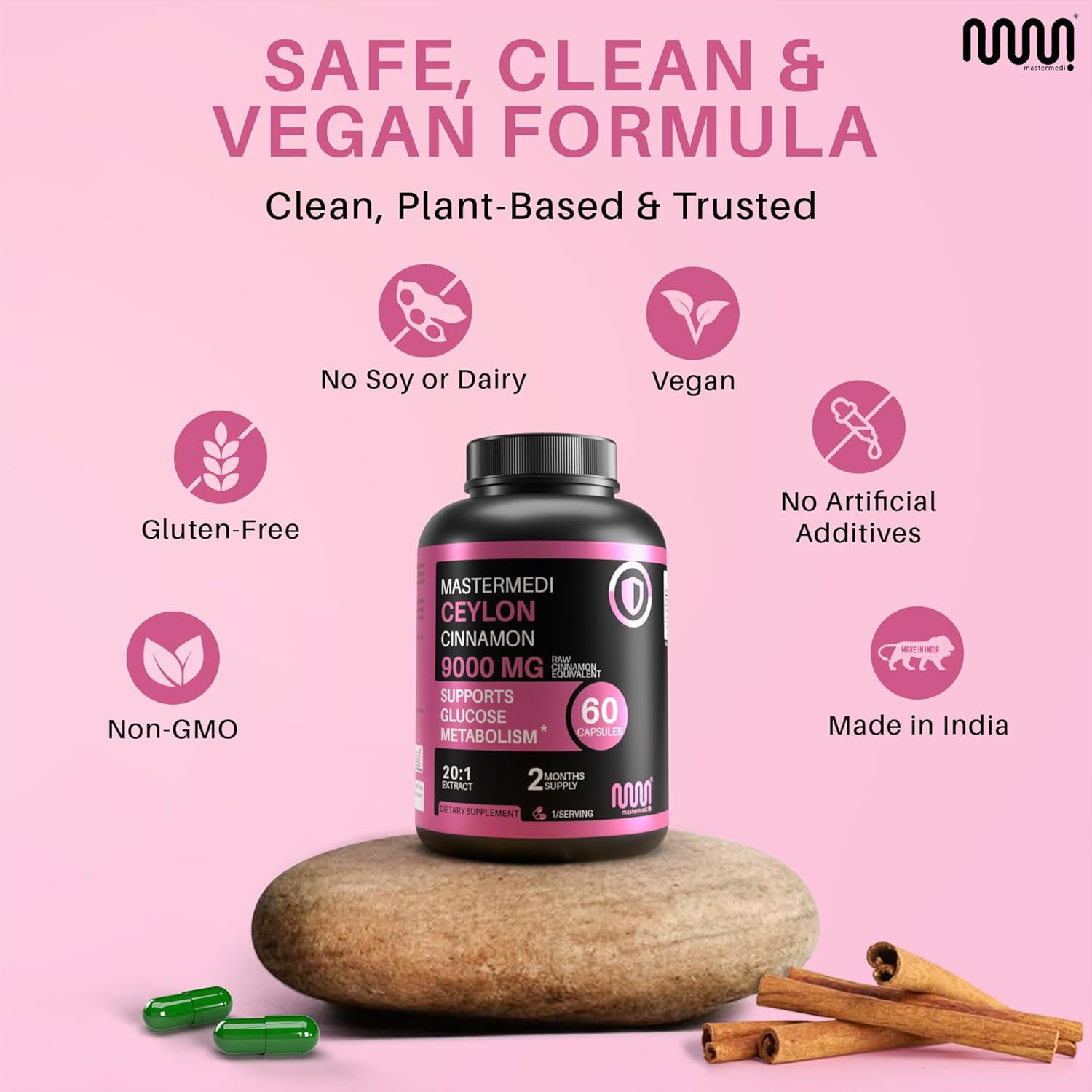 mastermedi Ceylon Cinnamon 9000mg – 20:1 Extract – Supports Glucose Metabolism, Heart Health & Digestion – 60 Vegan Capsules, 2-Month Supply – True Cinnamon, Non-GMO - Image 6