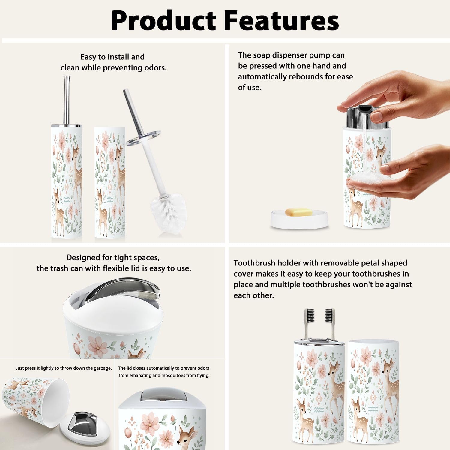 Bathroom Accessory Set 6 Piece Boho Woodland Baby Deer Forest Animal Watercolor Wreath for Nursery Pink Trash Can, Toothbrush Holder, Soap Dispenser, Soap Dish, Toothbrush Cup, Toilet Brush Holder
