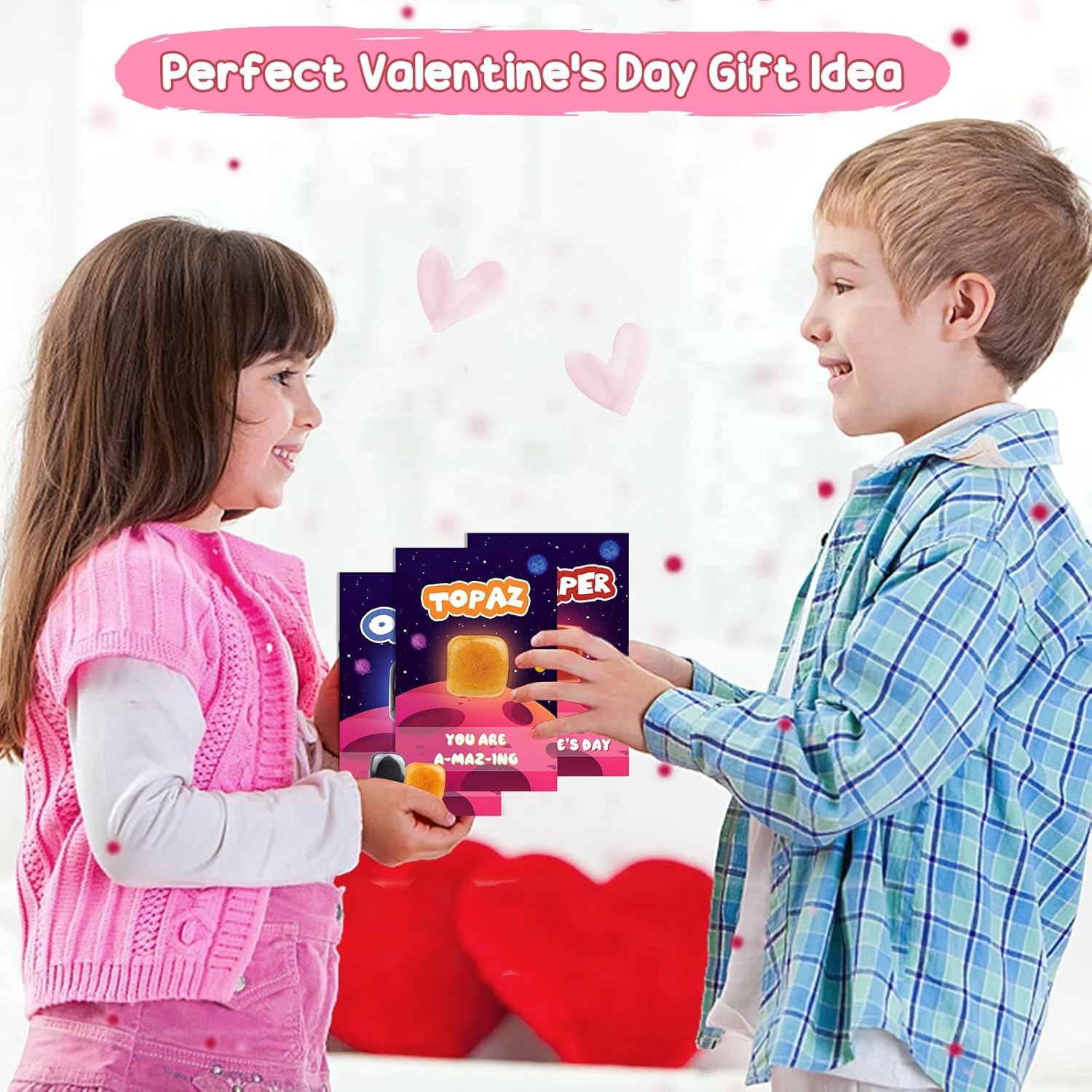 Valentine‘s Gifts for Kids, 28 Pack Valentines Cards with Rocks Bulk, Crystal Gems Minerals Rocks Collection Kit, Exchange Card for Girls Boys School Classroom Party Favors