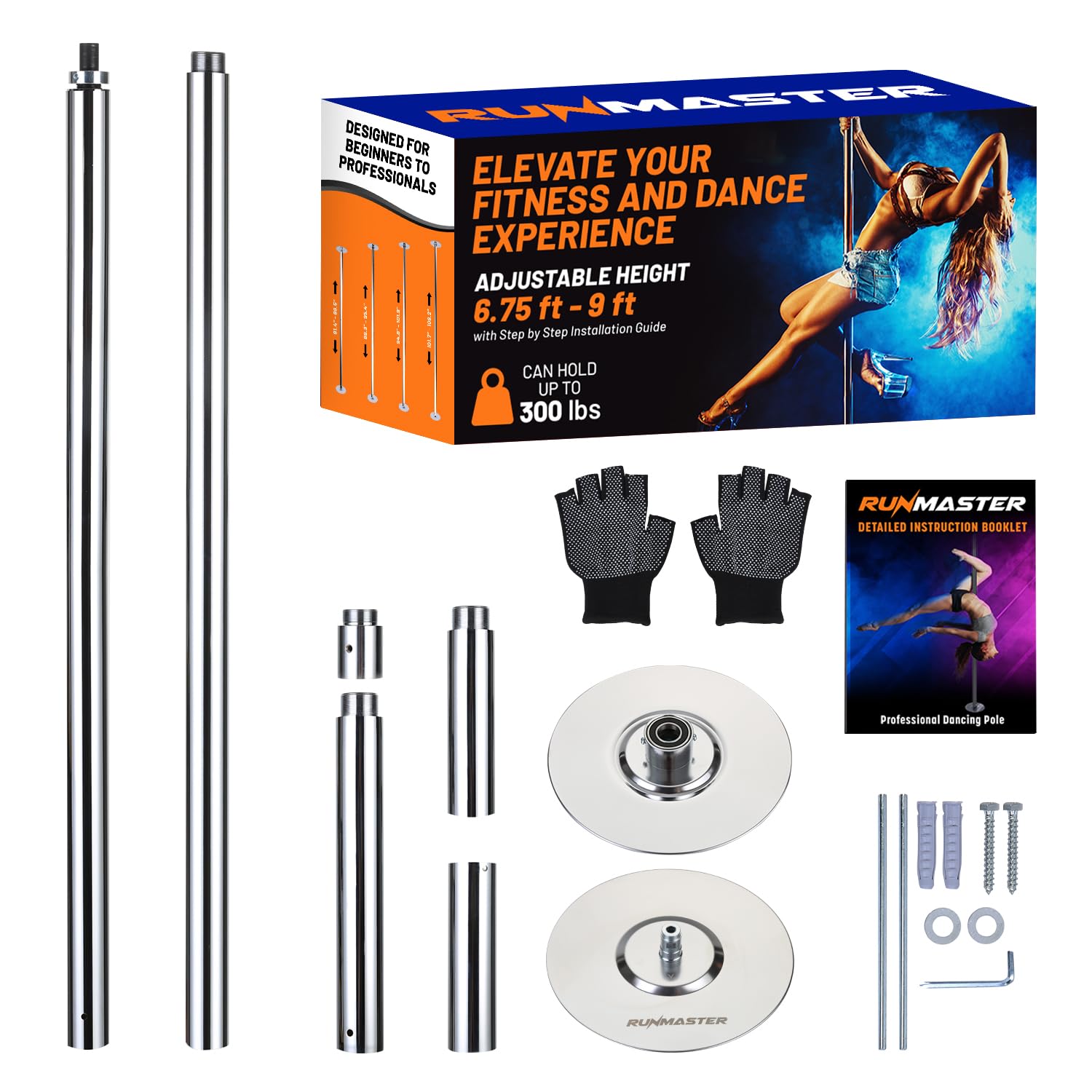 Premium Spinning and Static Dance Pole Kit - Portable 45mm Exercise Pole for Club, Party, Home Use - Easy Assembly, Sturdy Steel Construction with Silicone Rubber Protection - Silver