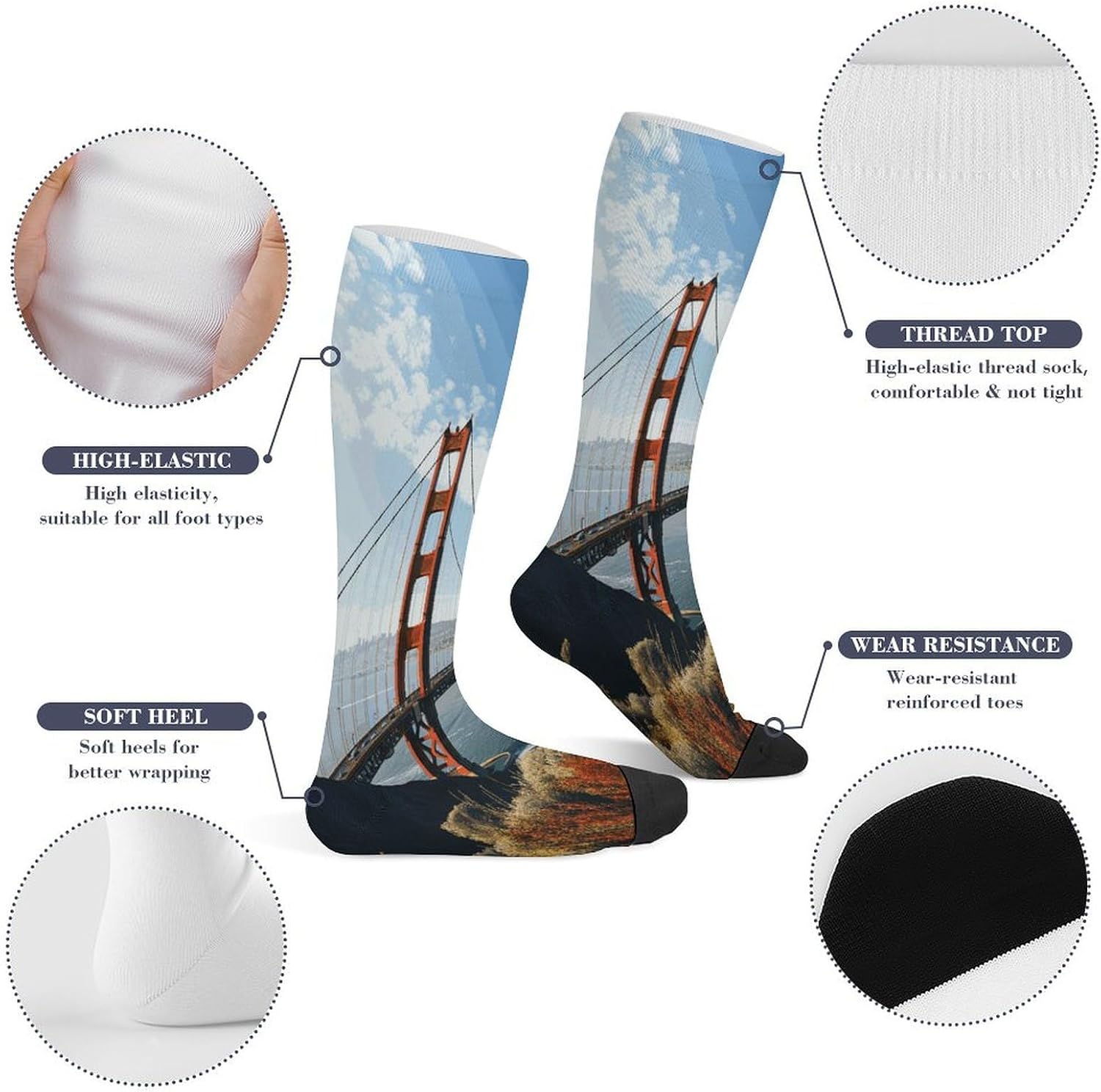 San Francisco Golden Gate Bridge Compression Sock Breathable Support Socks Lightweight Knee High Tube Socks for Women Men