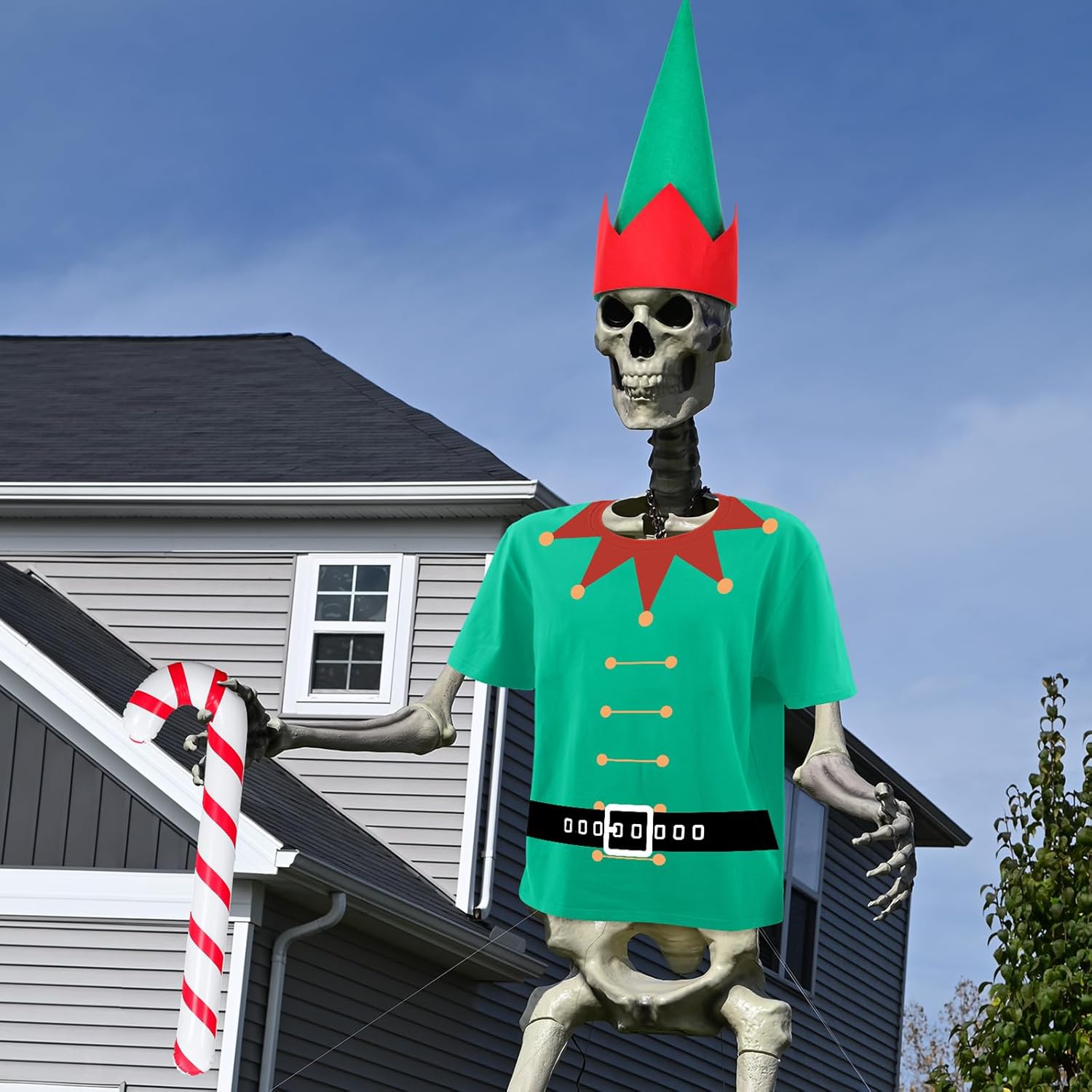 3 Pcs 12 ft Christmas Giant Elf Skeleton Outfit Costume Santa Set Extra Large Shirt and Hat Inflatable Candy Cane for Garden Lawn Outdoor Decor (Skeleton Not Included)