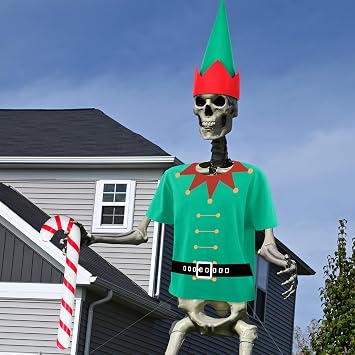 3 Pcs 12 ft Christmas Giant Elf Skeleton Outfit Costume Santa Set Extra Large Shirt and Hat Inflatable Candy Cane for Garden Lawn Outdoor Decor Skeleton Not Included