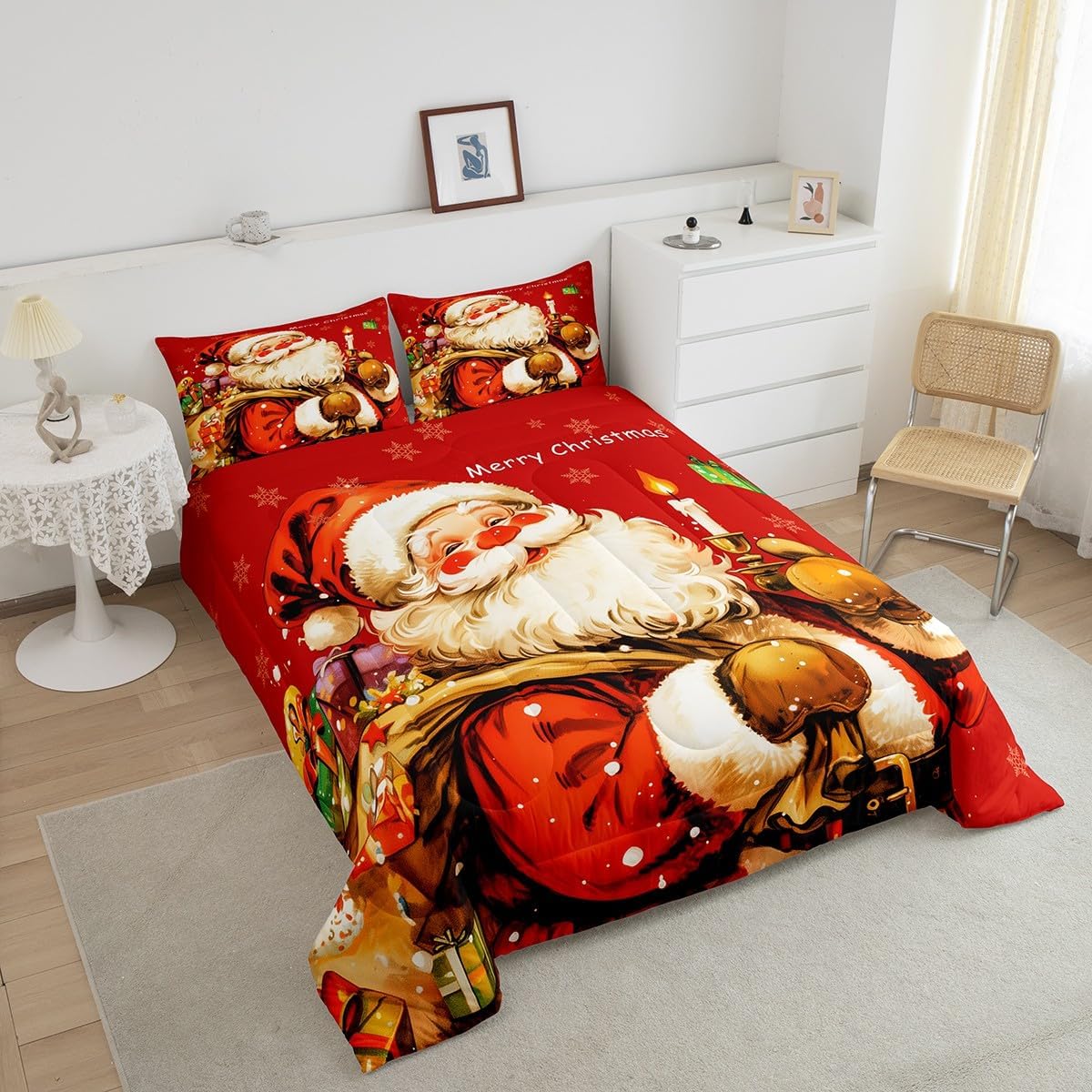 Feelyou Christmas Bedding Set Toddle Size Santa Claus Comforter Set for Kids Boys Girls Comforter Snowflake Duvet Set Purplish Red