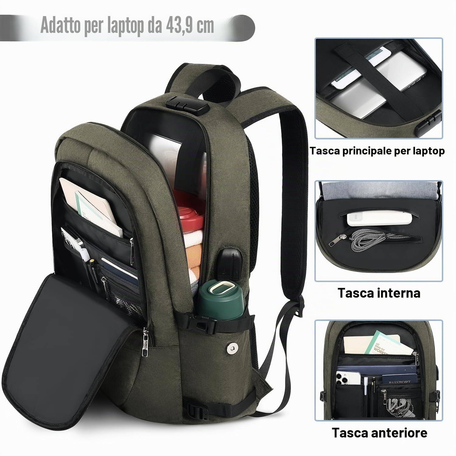 AMBOR 17,3'' Zaino da Viaggio, Zaino Porta PC con Porta USB di Ricarica | Resistente All'Acqua Antifurto Zaino Viaggio Da Uomo Con Scomparto Per Notebook, Multifunzionale Per Lavoro, Studio, Volo