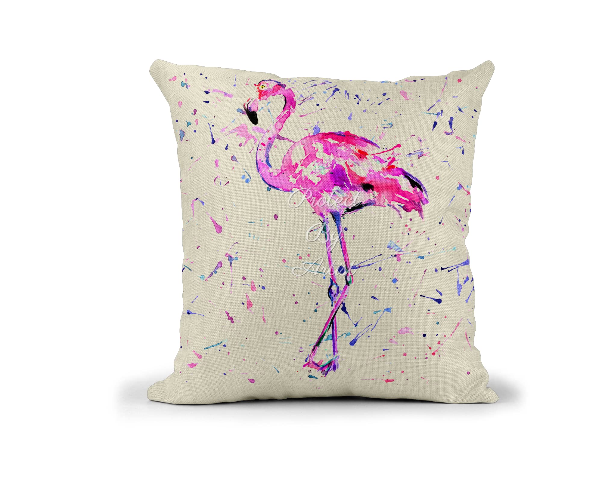 Vixar Pink Flamingo Animals Watercolour Rainbow Art Linnen Cushion With Filling Or Cover Only, 40X40cm, Gift, Christmas, Birthday (Cover Only)