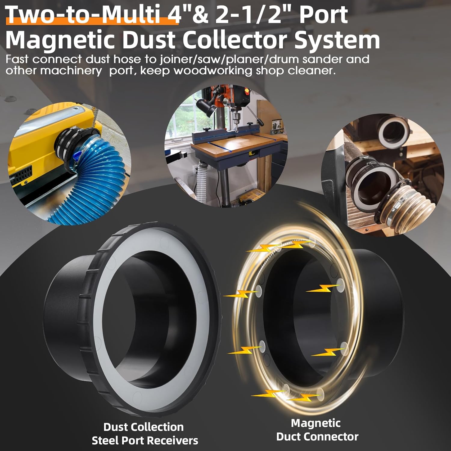 Magnetic Dust Collection Fittings for 4"&2-1/2" Dust Collectors Woodwork Shop Vacuum Hose,Two-to-Multi Magnetic Dust Collector System w/2PK Mag Connector+6Set 4"&2.5" Couplers,Quick Hose to 6 Machines