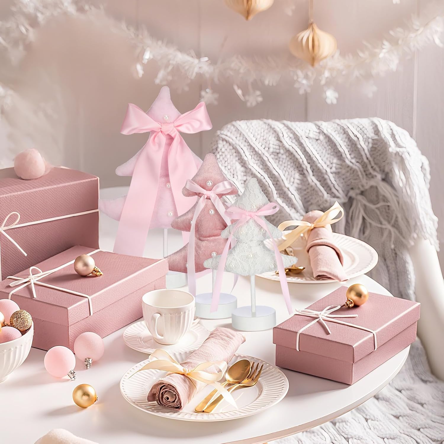 Amyhill 3 Pcs Mini Pink Christmas Tree Table Decor 3 Sizes Pastel Small Table Top Xmas Trees with Bow Pearl Pink and White Christmas Tree with Wood Base for DIY Crafts Xmas Decorations - Image 5
