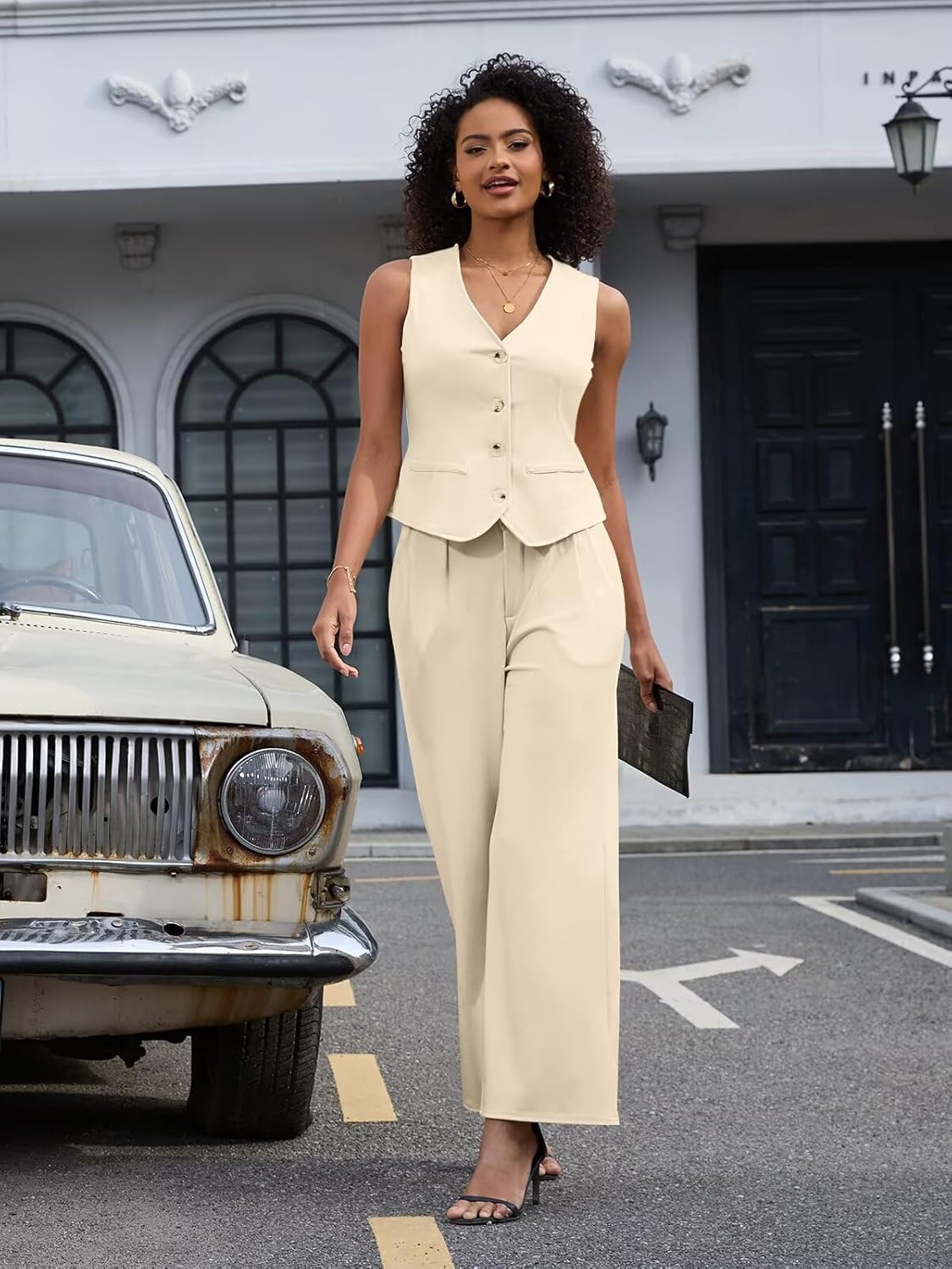 Women's 2 Piece Outfits Elegant Blazer Vest Pockets Wide Leg Pant Suit Casual Matching Set - Image 2