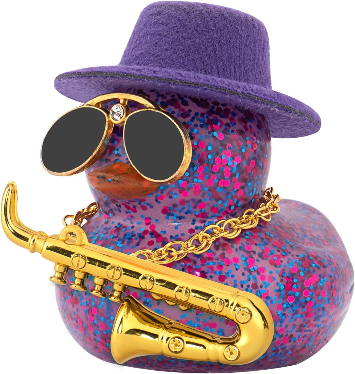 wonuu Car Decoration Saxophone Rubber Ducks, Dashboard Decor Duck Car Ornaments with Mini Top Hat Necklace Sunglasses, Dark Purple