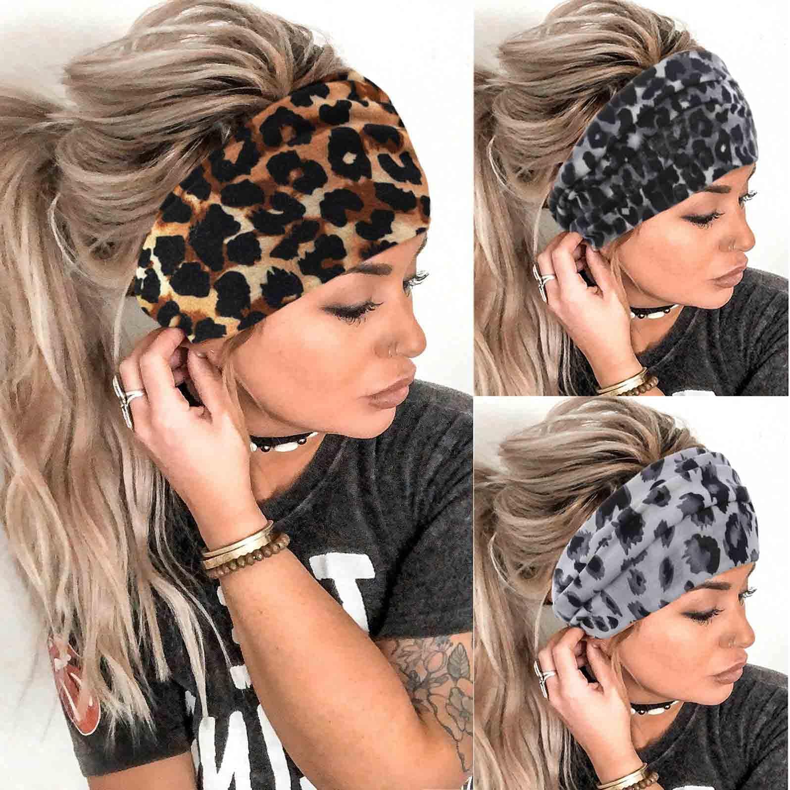 AceornaBoho Headbands Wide Knot Hair Band Elastic Turban Head Band Stretch Leopard Twist Head Wraps Cloth Yoga Sweartband Fashion Hair Accessories for Women and Girls 3 Pcs (Set B)
