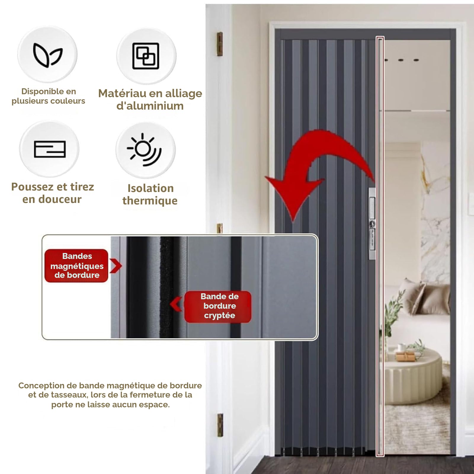 Porte accordéon pliante verrouillable avec serrure et clé, panneaux coulissants de placard, séparateur de pièce pour chambre à coucher et salon