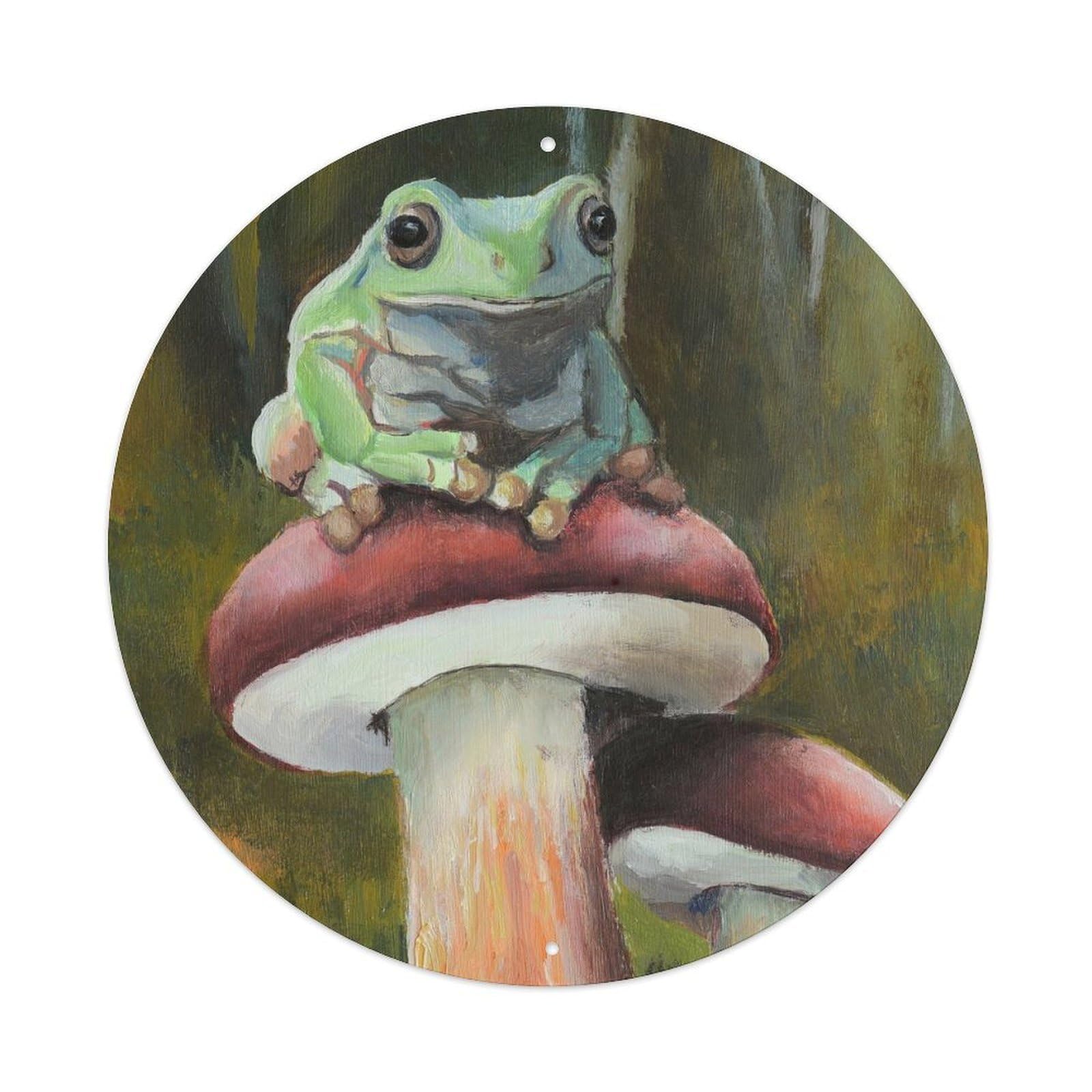 Frogs And Mushrooms Animal Artwork Poster Vintage Metal Tin Sign Plaque Wall Decor for Cafe, Club, Garden Round Metal Poster 8x8Inch