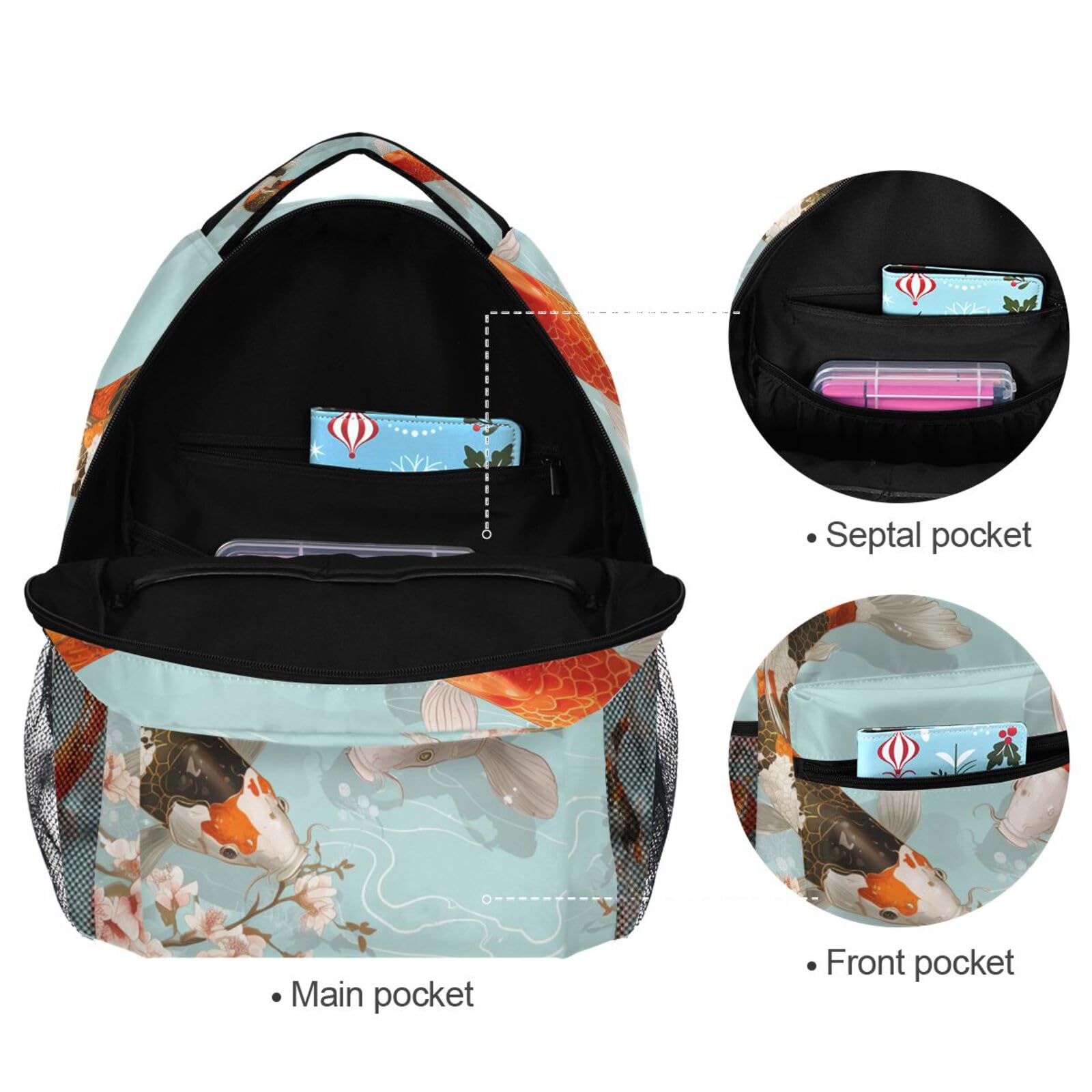 Pesce Koi Colorato Nuoto Zaino Scolastico per Ragazzi Ragazze,Borse per Libri e Studenti Alla Moda