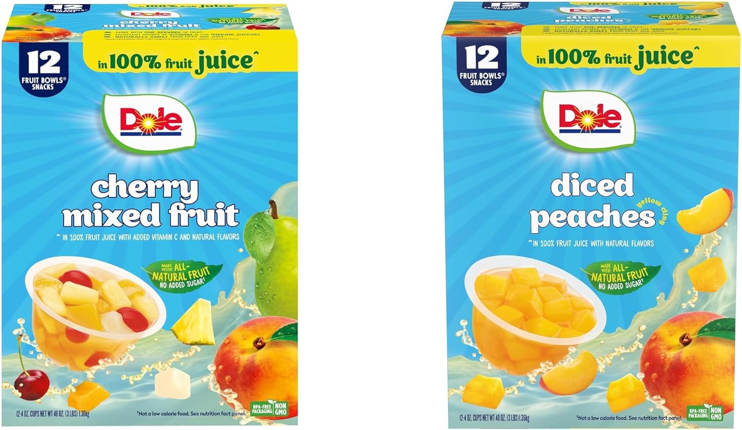 Dole Fruit Bowls Cherry Mixed Fruit in 100% Juice 4oz (12 Cups) & Dole Fruit Bowls Diced Peaches in 100% Juice, 4 Ounce (12 Cups), Back To School Healthy Snack