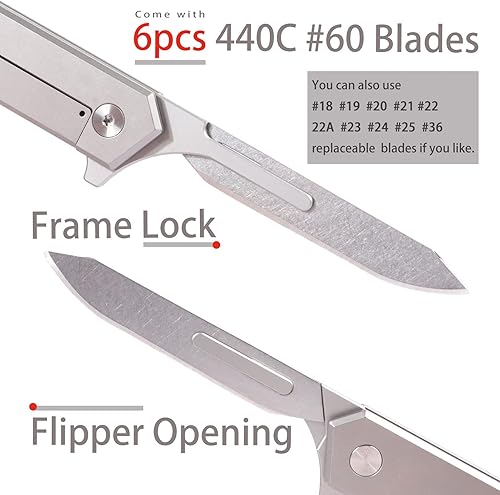 Miniatura 3 de T37 - Cuchillo de bisturí plegable de titanio, 6 cuchillas 440C #60, cuchillos compactos delgados para caballero reemplazables EDC con clip de