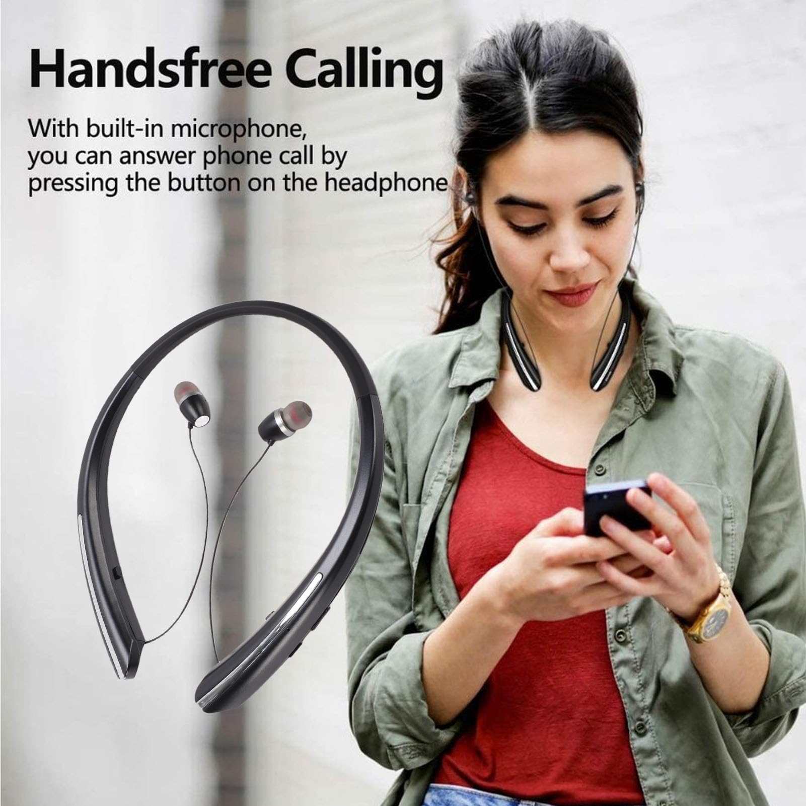 Jiawu Cuffie Bluetooth con Archetto da Collo, Auricolari Retrattili Leggeri, Cuffie Stereo con Cancellazione del Rumore, Microfono Integrato, Riproduzione 24 Ore su 24 per Sport (BLACK)