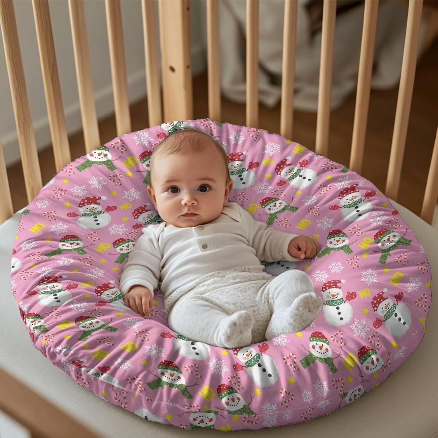 2 Pieces Christmas Snowman Snowflake Newborn Lounger Cover, Pink Removable Soft Comfortable Infant Lounger Baby Floor Seat Cover for Baby Boys Girls Playing Sleeping