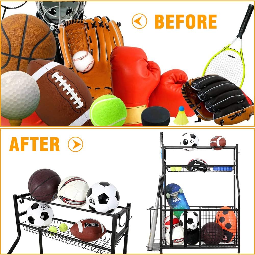 Snail Garage Storage System Sports Equipment Organizer with Baskets and Hooks, Sports Gear and Ball Storage Rack for Garages, Playgroup, Gym and Schools, Powder Coated Steel, Black : Sports & Outdoors