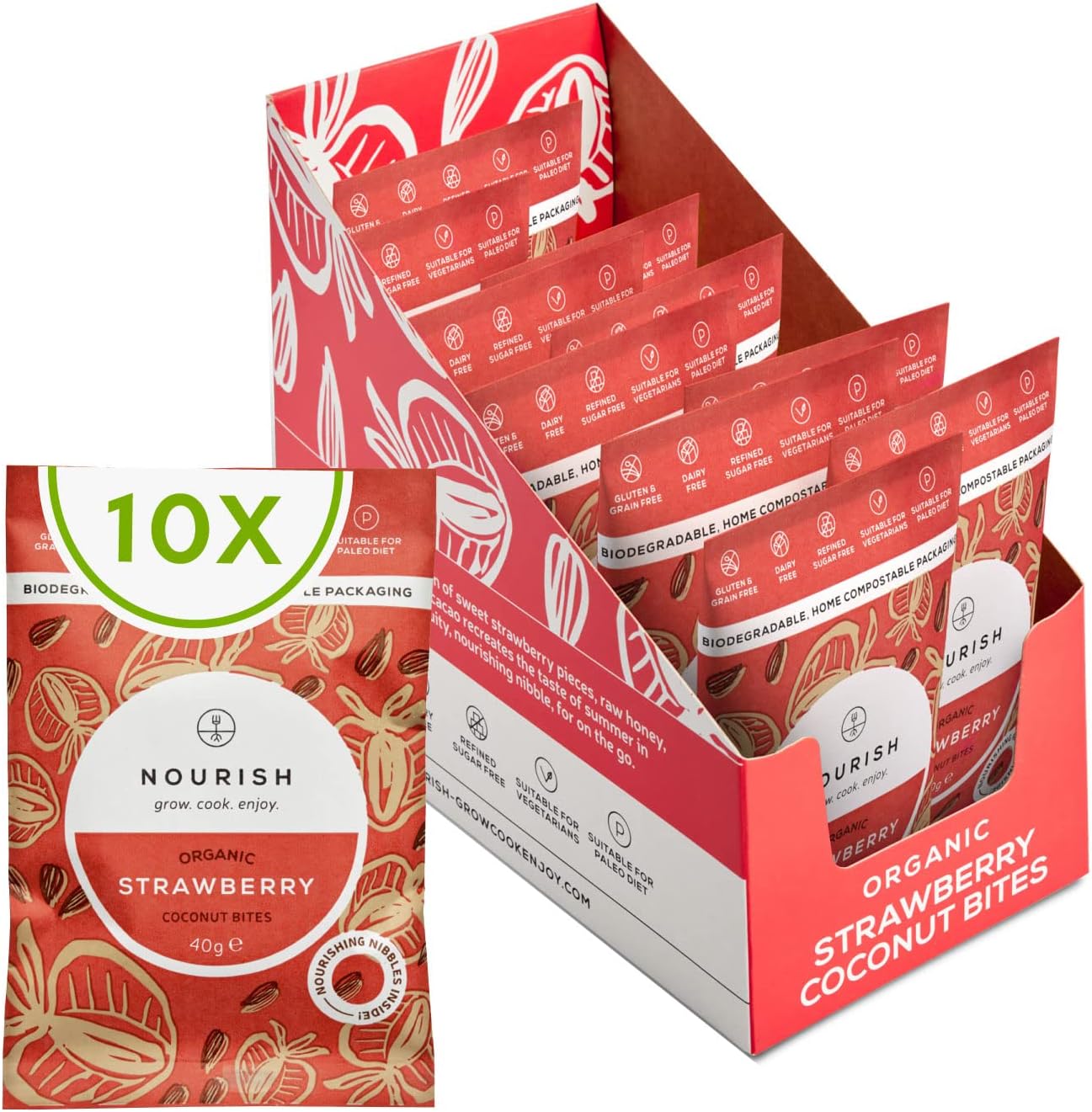 Nourish Organic Strawberry Coconut Bites, Gluten Free, Dairy Free, Keto Snacks, Pack of 10 x 40g