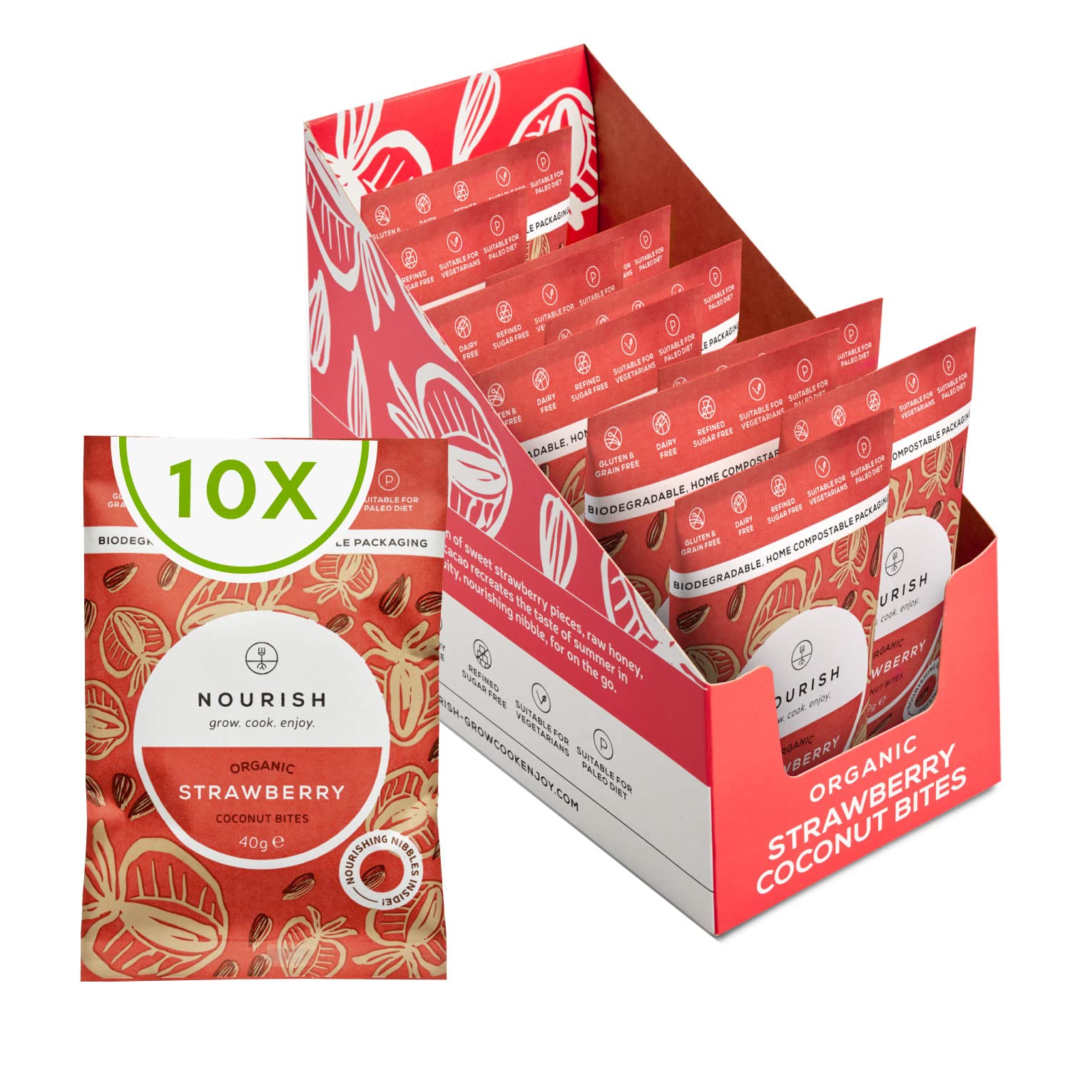 Nourish Organic Strawberry Coconut Bites, Gluten Free, Dairy Free, Keto Snacks, Pack of 10 x 40g