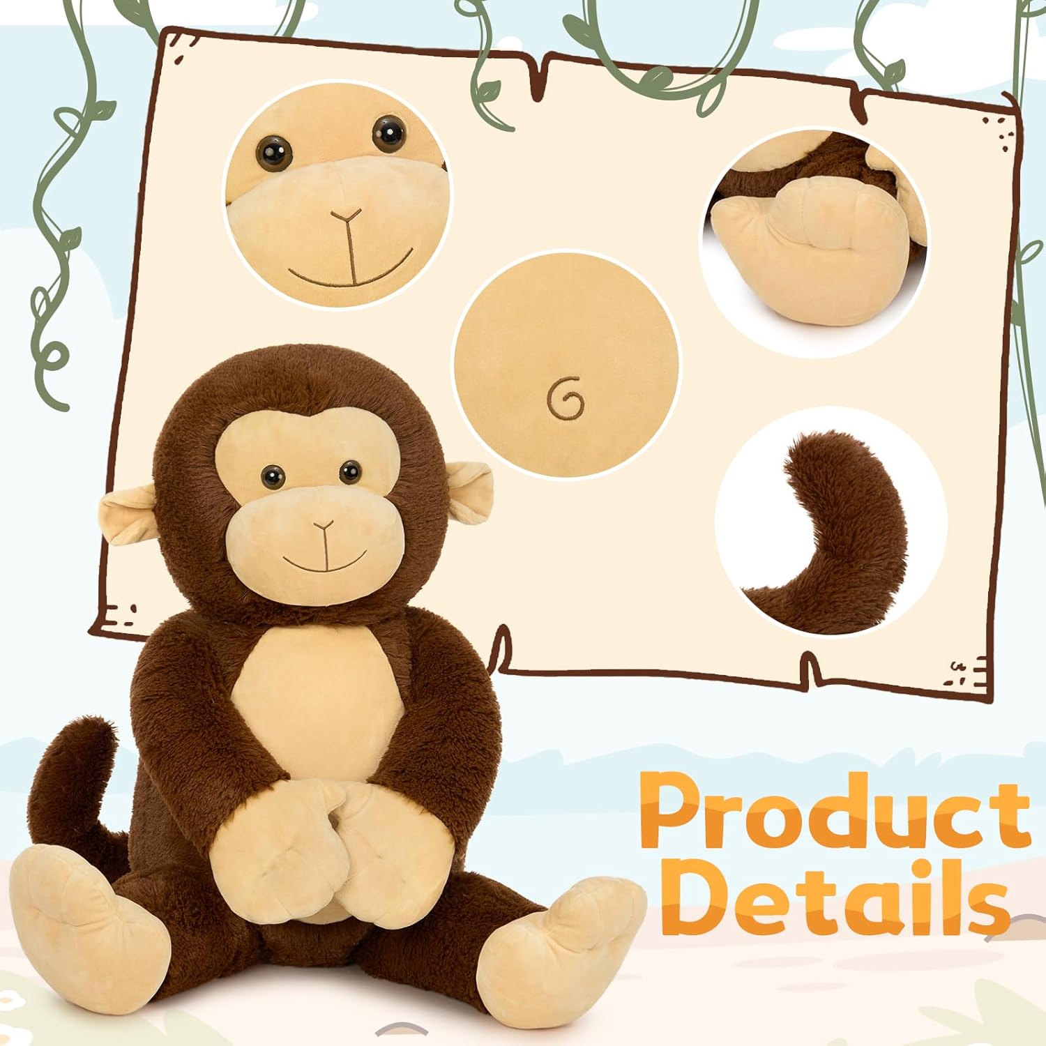 BENINY 30" Giant Plush Monkey - Super Soft & Huggable Stuffed Animal, Cuddly Toy & Pillow for Kids & Adults, for Bedtime & Playtime
