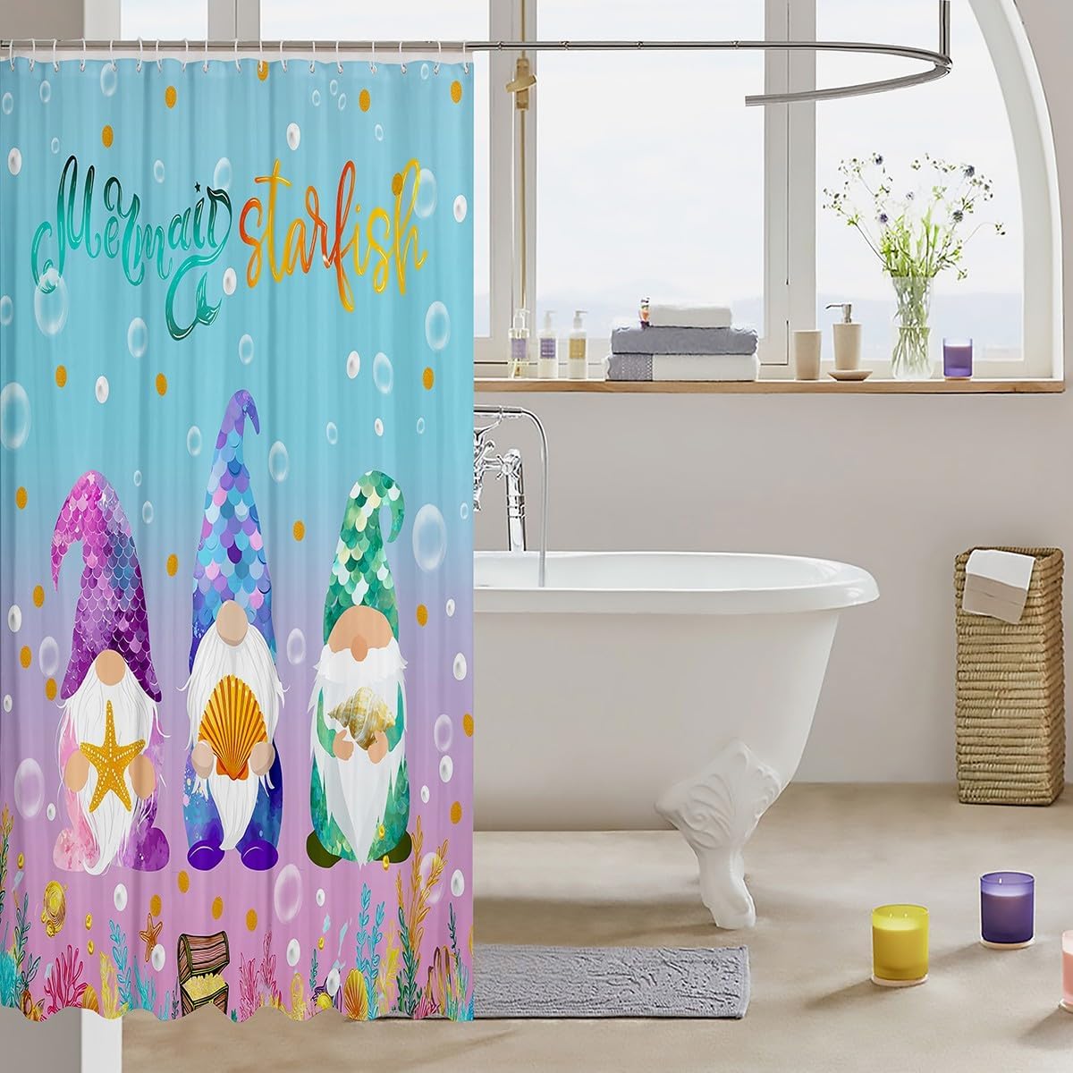 Kids Santa Claus Bath Curtain, Girls Mermaid Tail Shower Curtain, Underwater World Bathtub Shower Curtain Christmas Gnome Shower Curtain For Bathtubs Rainbow Fish Scales Xmas Decor 72" W X 84" L