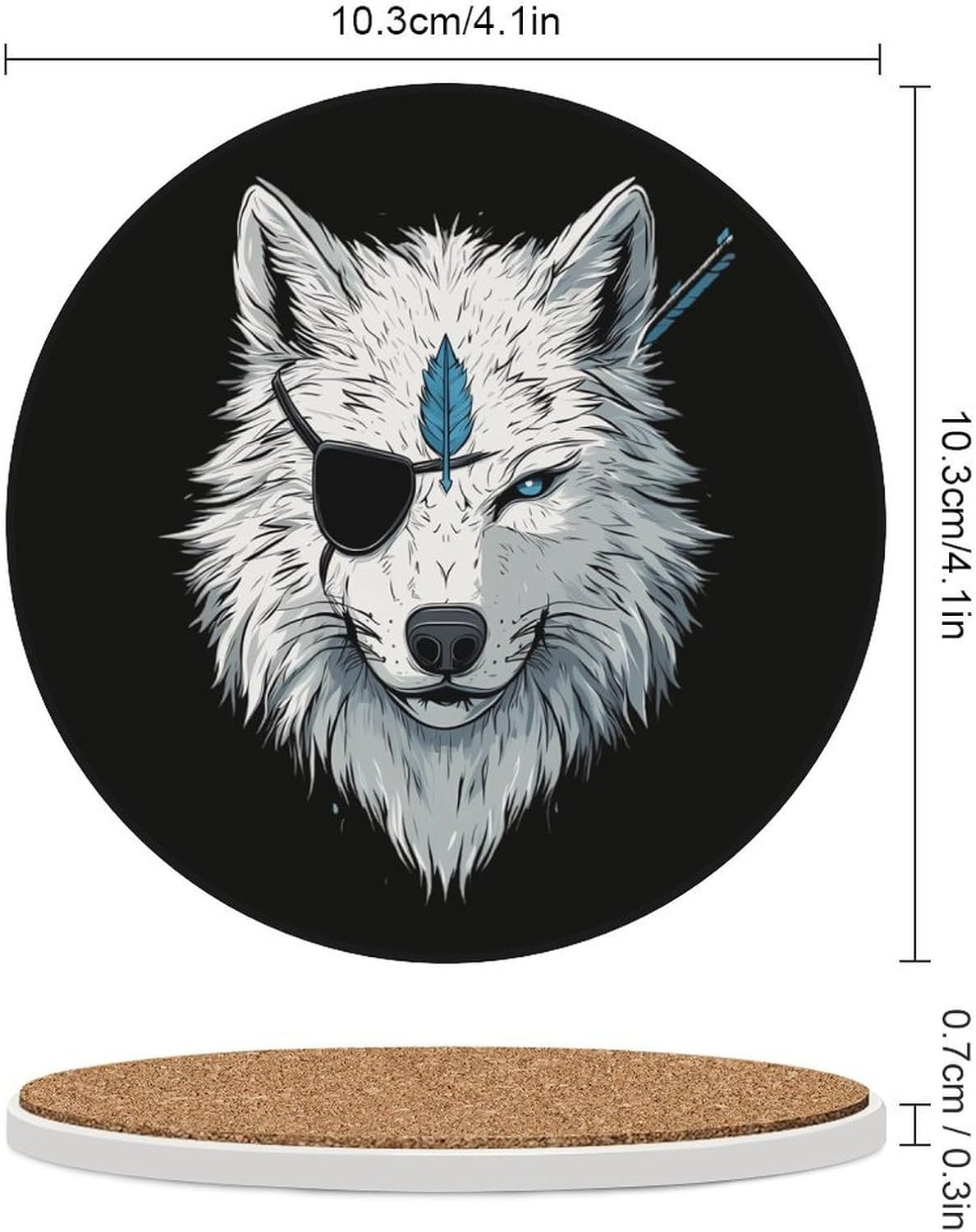 Wolf with an Eye Patch Round Ceramic Coasters for Drinks Absorbent Cup Holder Tabletop Protector with Cork Base