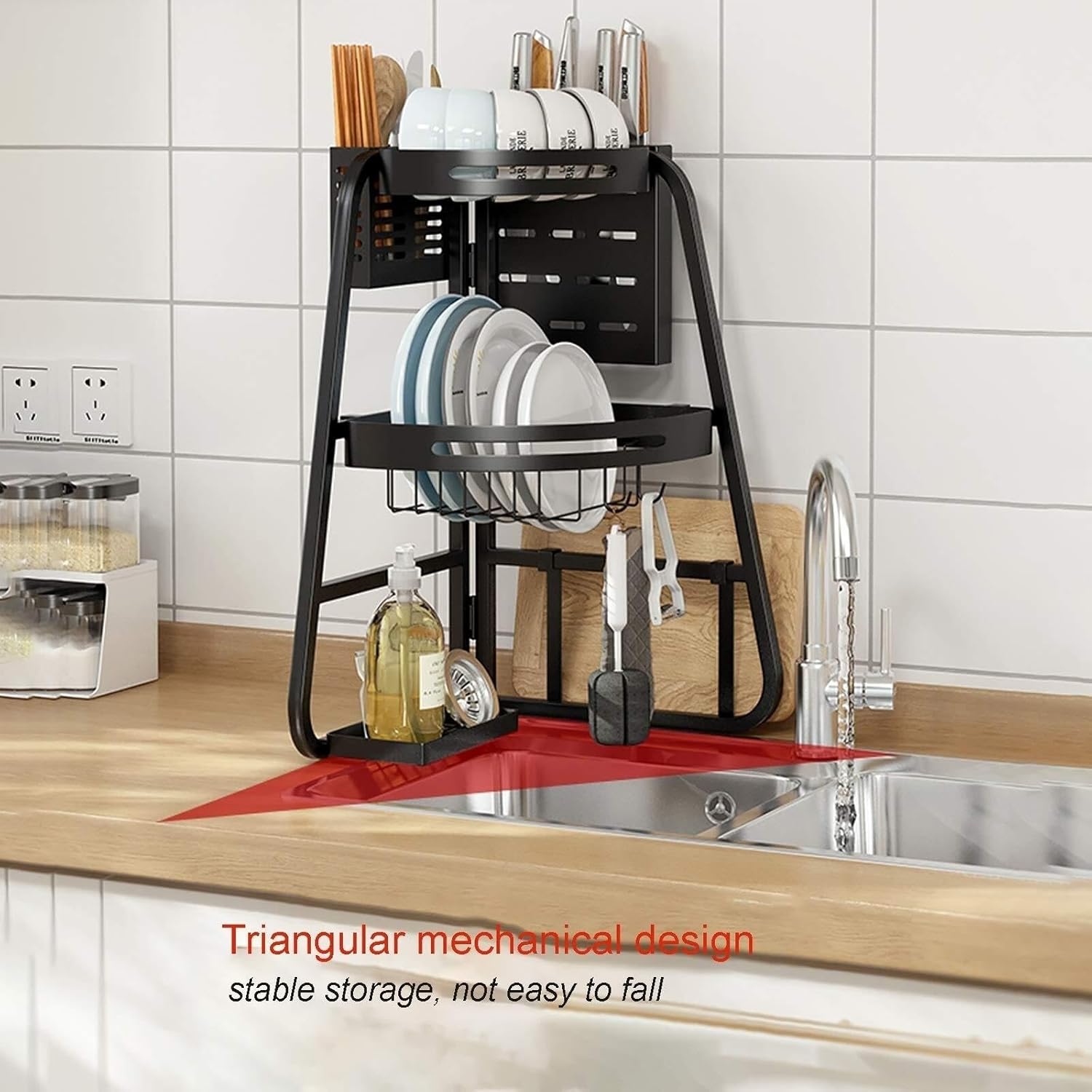 Dish Drying Rack Organization Sturdy Triangle 2 Tier Dish Drainer Multi-Functional Dish Dryer Holder with Utensil Holder Flatware Caddy