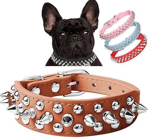 Serijoars Collar de perro con pinchos, de piel sintética, suave, con remaches, tachuelas, collar ajustable para cachorros (XS, marrón)