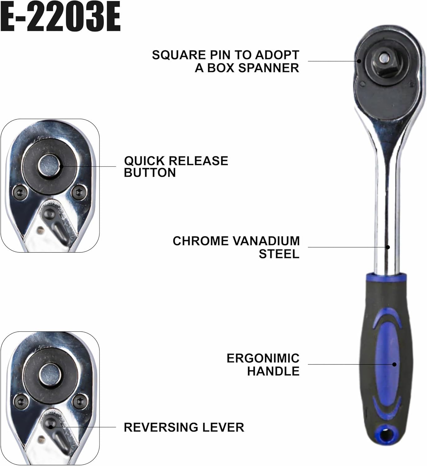 Socket Wrench, 1/2 Drive Ratchet Socket Wrench Dual Drive Ratchet Handles Wrenches with Soft Grip Locking Handle E-2203E