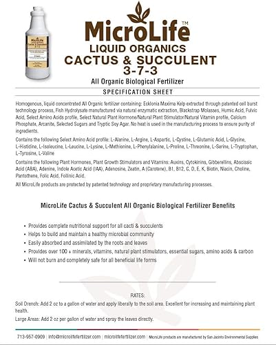 Miniatura 3 de MicroLife Cactus & Succulent (3-7-3) Concentrado de fertilizante líquido orgánico de grado profesional, 1 cuarto de galón