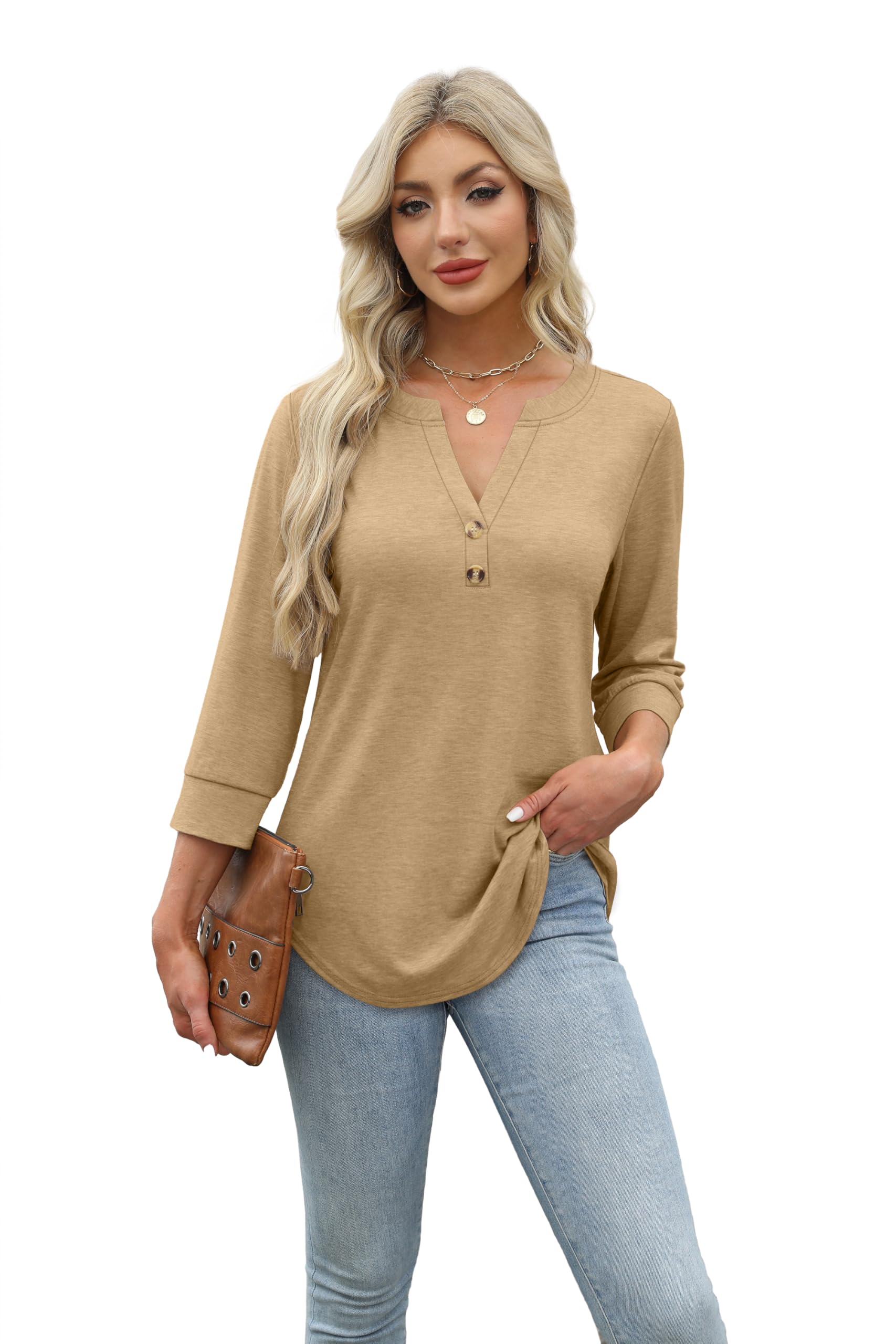 Close-up of the curved hem detail on the Aokosor 3/4 sleeve tunic.