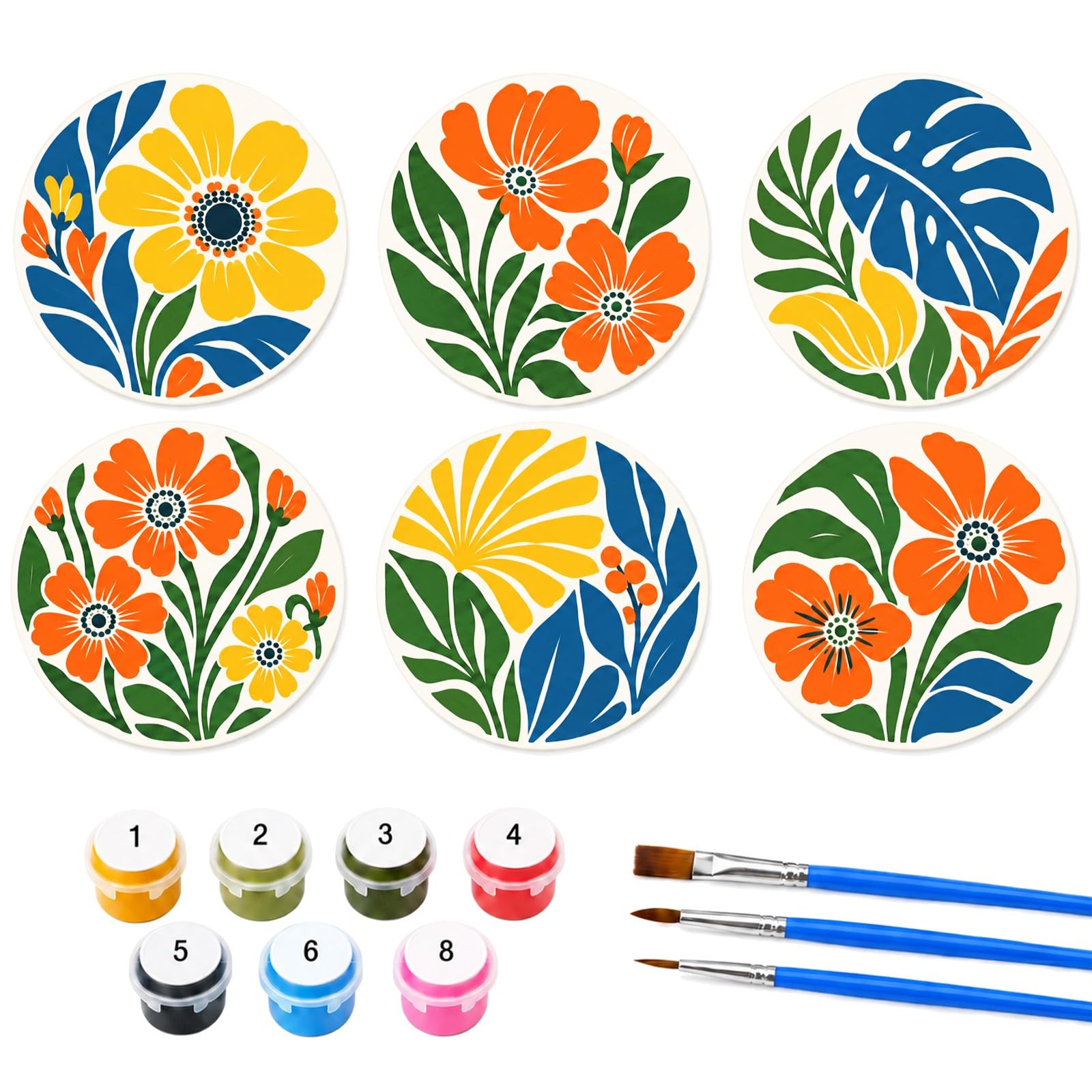 6Pcs Paint by Numbers Coasters Kits with Holder-56-Flowers — image 1