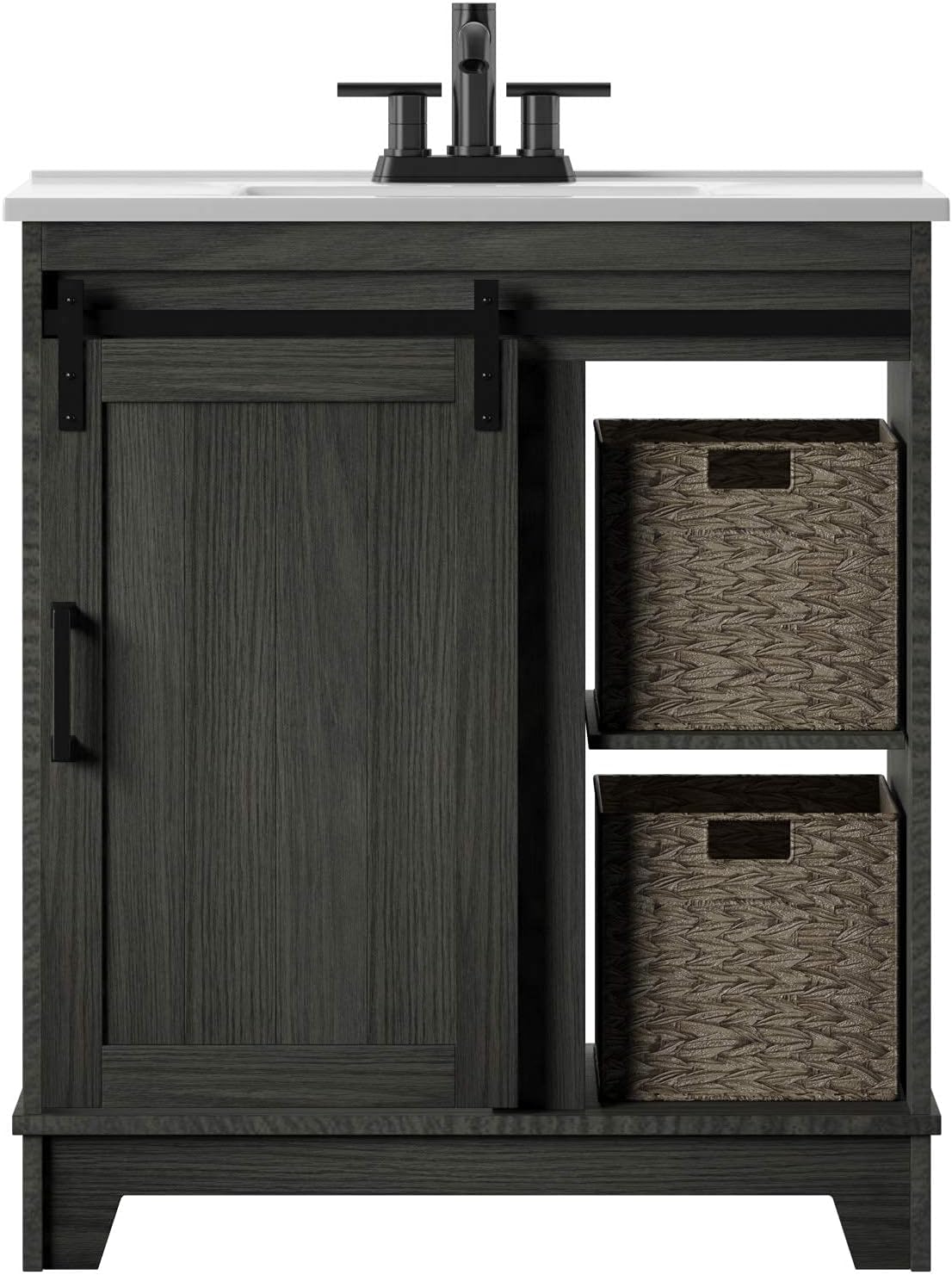 Style 30" Freestanding Set Single Bathroom Vanity with Sliding Barn Door and White Sink, Geneva Oak