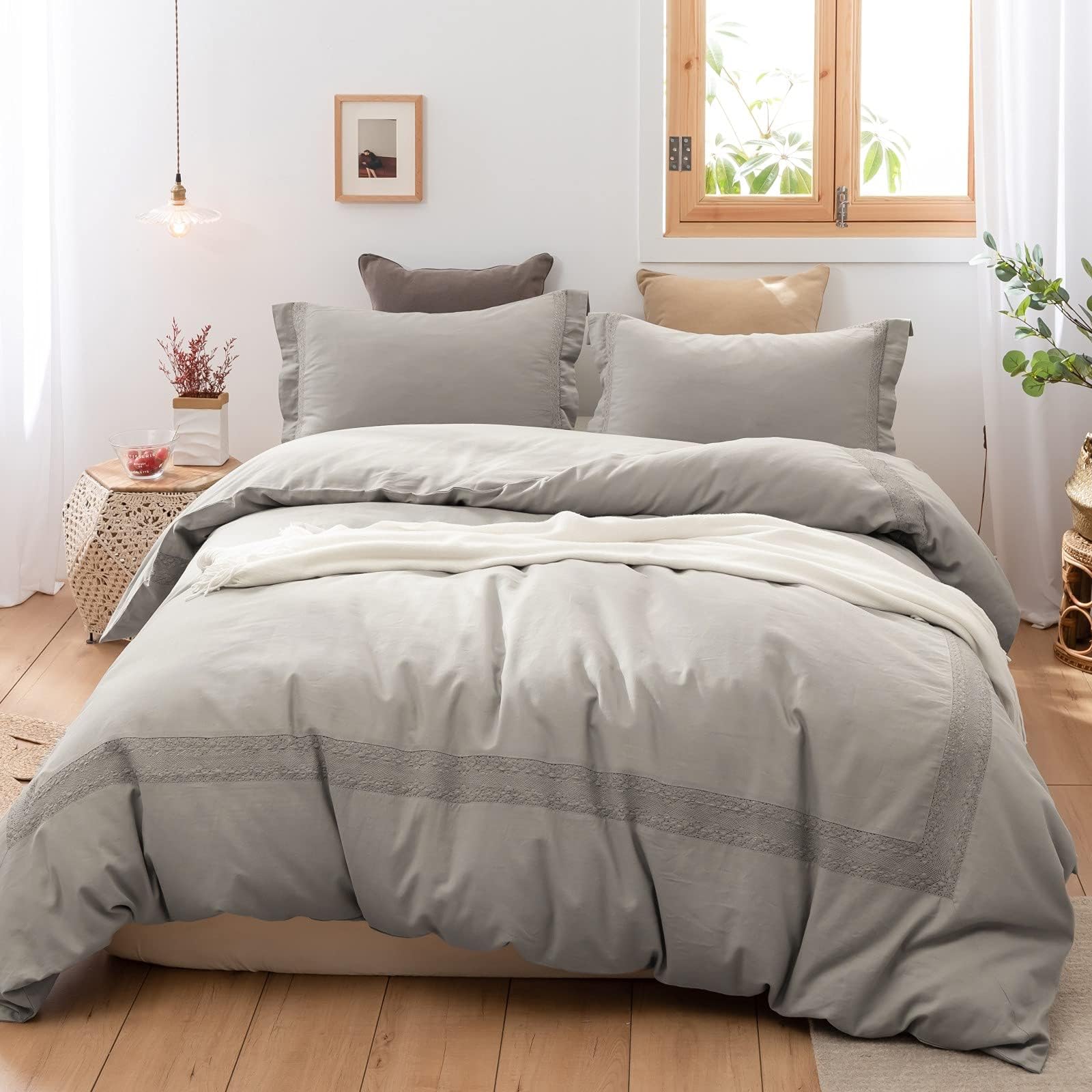 BISELINA Linen Duvet Cover Set 3pcs French Vintage Crocheted Lace Flax Cotton Blend Solid Color Shabby Chic Boho Luxury Farmhouse Bedding (Queen, Lace Grey)