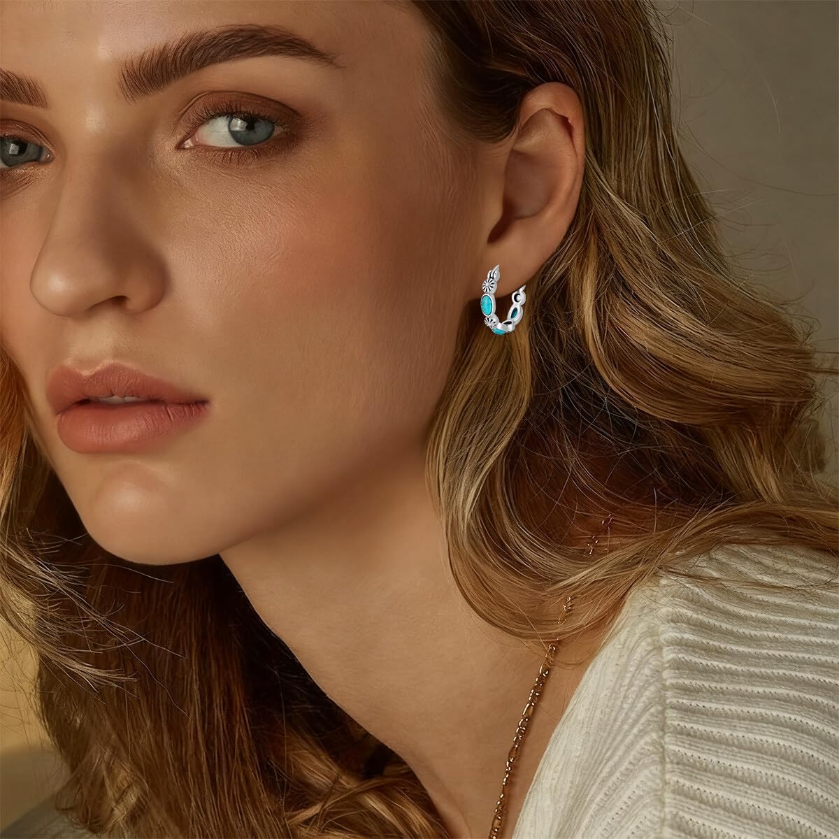 Natural Turquoise Oval Drop Dangle Earrings for Women 925 Sterling Silver Vintage Statement Teardrop Hoop Earrings Boho Western Flower Jewelry Gift for Birthday - Image 4