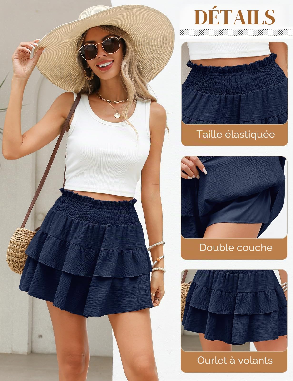 heekpek Short Femme Ete Fluide à Volants Shorts Taille Haute Ceinture Élastique Jambes Larges Jupe Short de Plage Confort Mini Shorts de Vacances avec Doublure