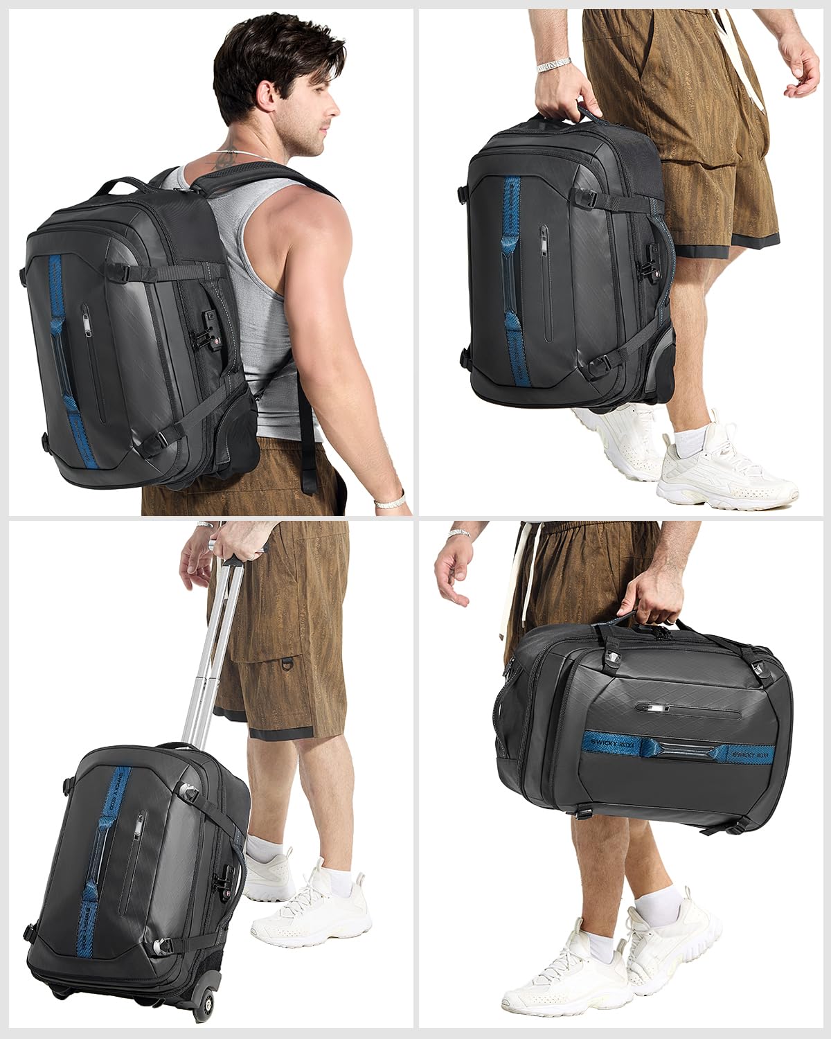 Trolley Rucksack mit Rollen – 45L Rollbarer Laptop-Rucksack inkl. 2 Packwürfeln, Wasserabweisendes Handgepäck für Flugzeug & Business, Koffer-Rucksack für Herren zum Reisen & Pendeln, Schwarz