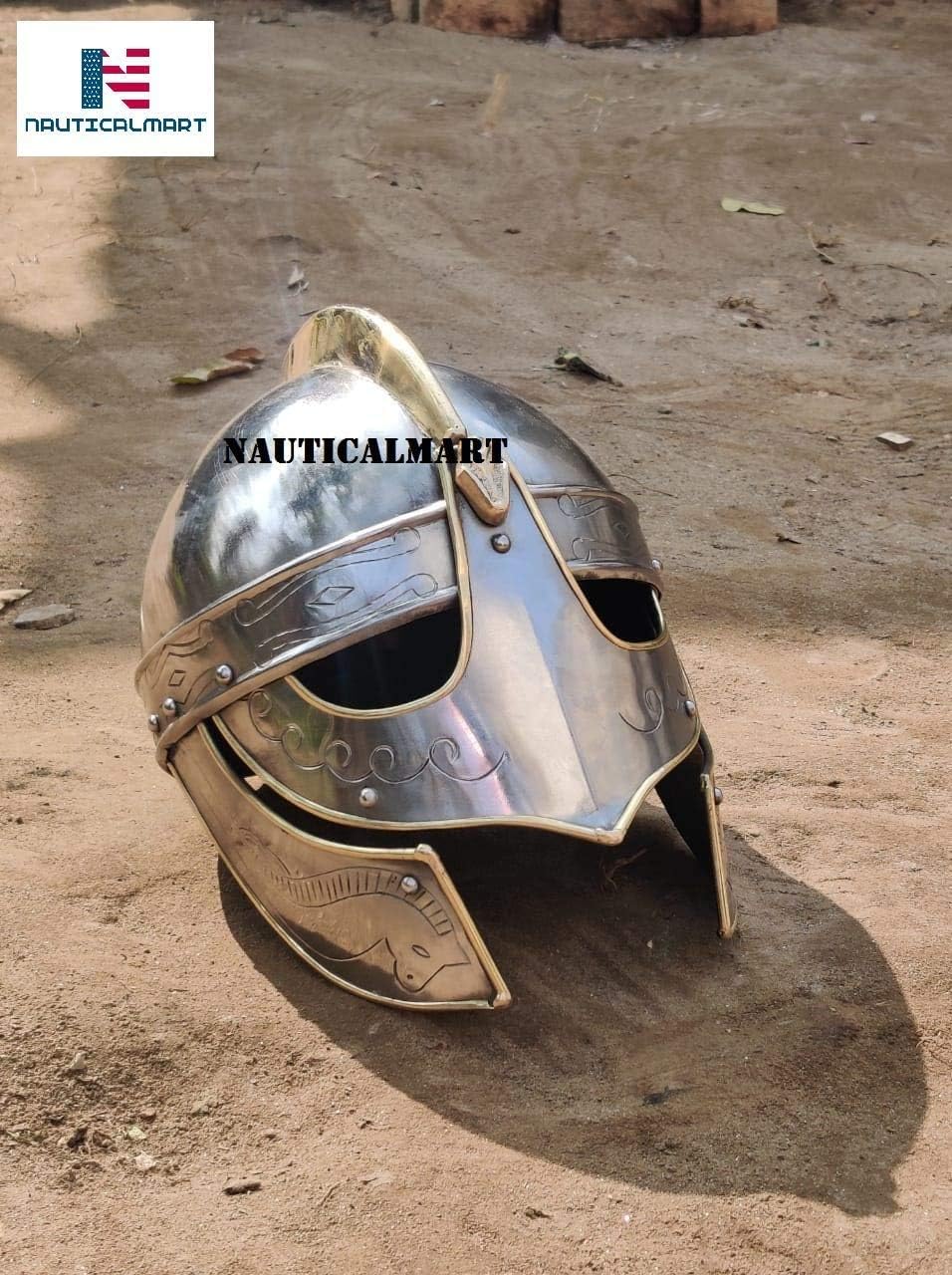 NauticalMart Armor Helmet Viking Wolf - Halloween Costume Medieval Metal Knight Helmet with Brass Accents Handcrafted Armor Helm Wearable for Adult Movie Dress Larp