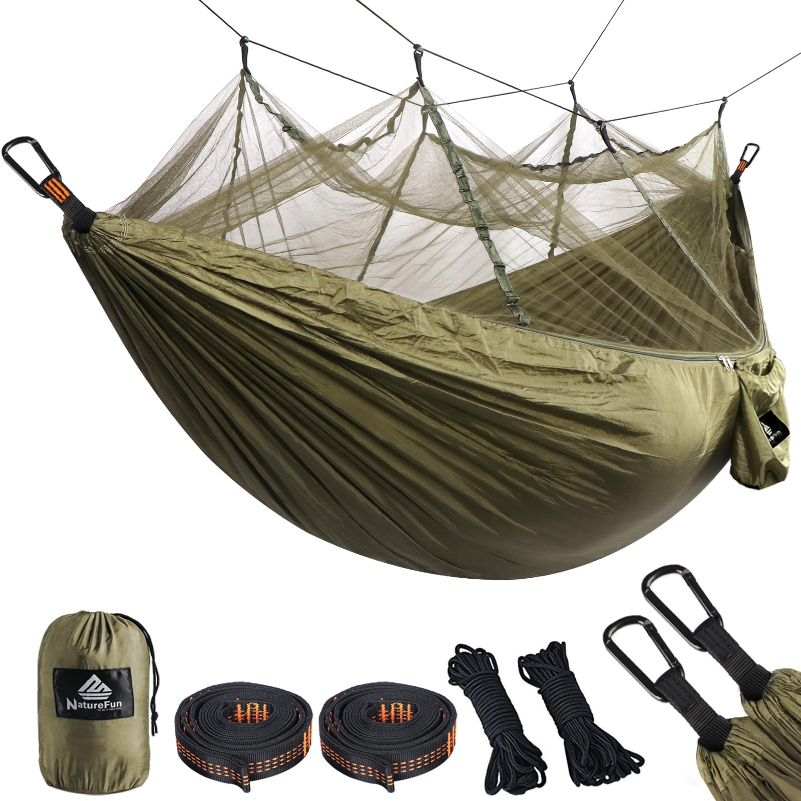 NATUREFUN Ultraleichte Moskito Netz Camping Hängematte 300kg Tragfähigkeit,(275 x 140 cm) Atmungsaktiv, schnell trocknende Fallschirm Nylon Enthalten 2 x Premium Karabinerhaken 4 x Nylonschlingen 275 x 140 cm Armee Grün
