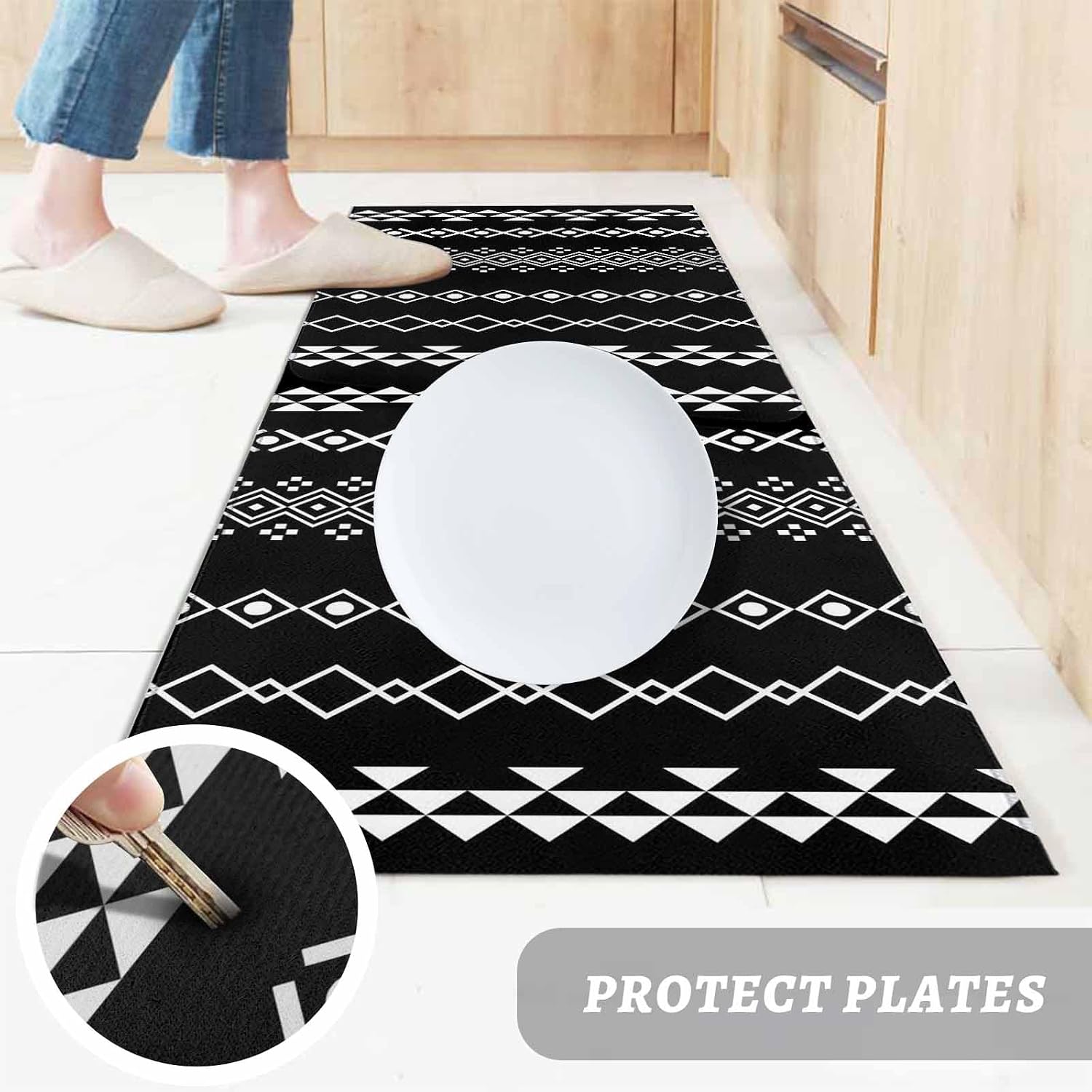 Teamery Kitchen Mats for Floor Traditional Tribal White Diamond Washable Non Slip Kitchen Rugs 1PCS, Boho Geometric on Black Absorbent Standing Mats for Sink Bathroom Office Living Room 15.7x47.2in
