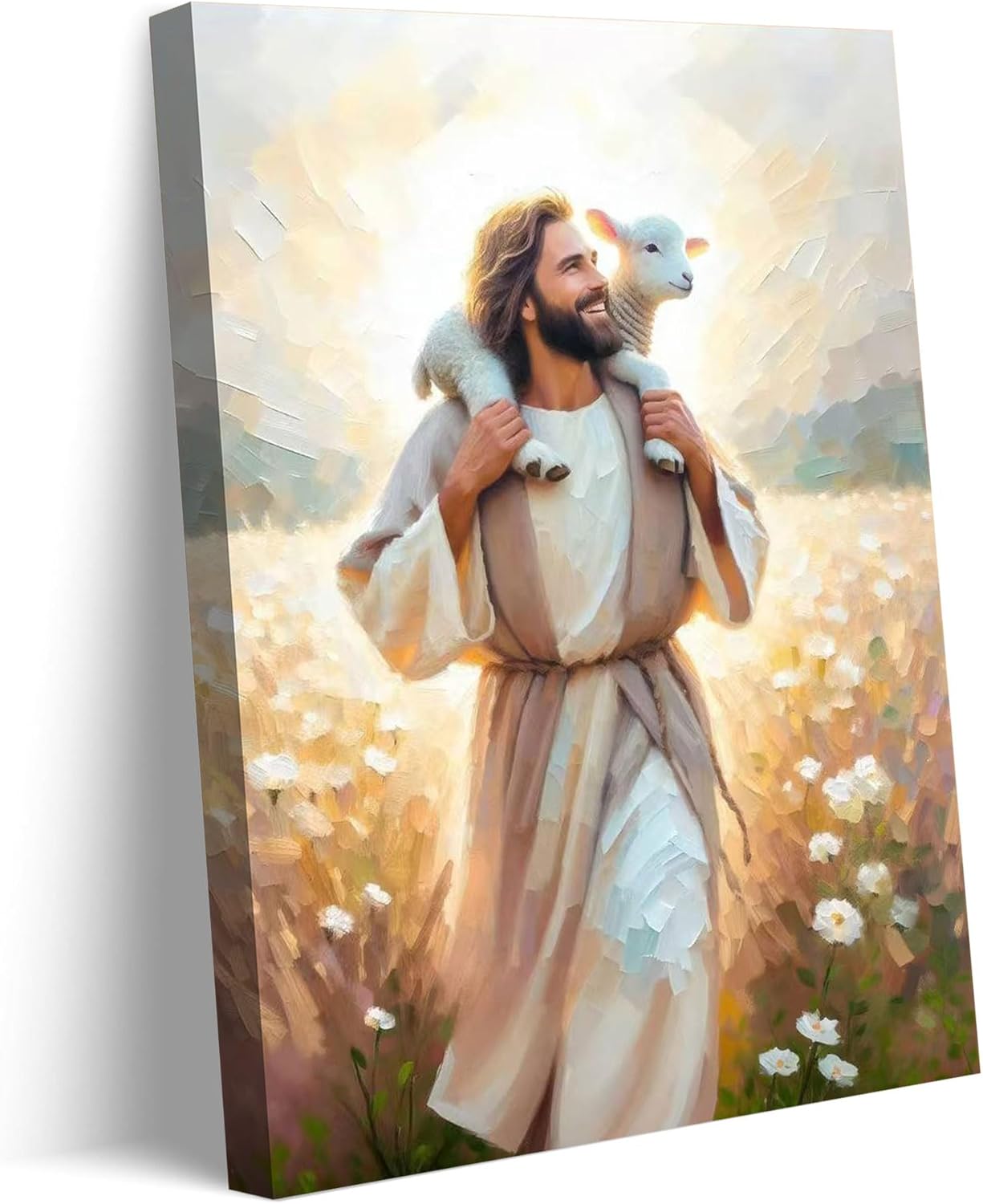 GKQNMU Jesus Carrying The Lamb Canvas Wall Art Jesus leaves the 99 sheep Wall Decor Picture Christ the Good Shepherd Printed Painting for Living room bedroom church Decoration Ready to Hang Jesus Sheep 24x36in-Canvas