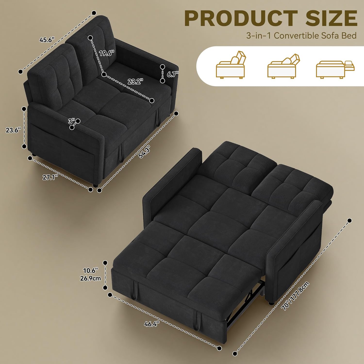 YITAHOME 3-in-1 Convertible Sofa Bed, Modern Loveseat Sleeper with Pull-Out Chaise, USB Charging Ports, Side Pockets, Compact Sofa for Living Room, Bedroom, Apartment, Black