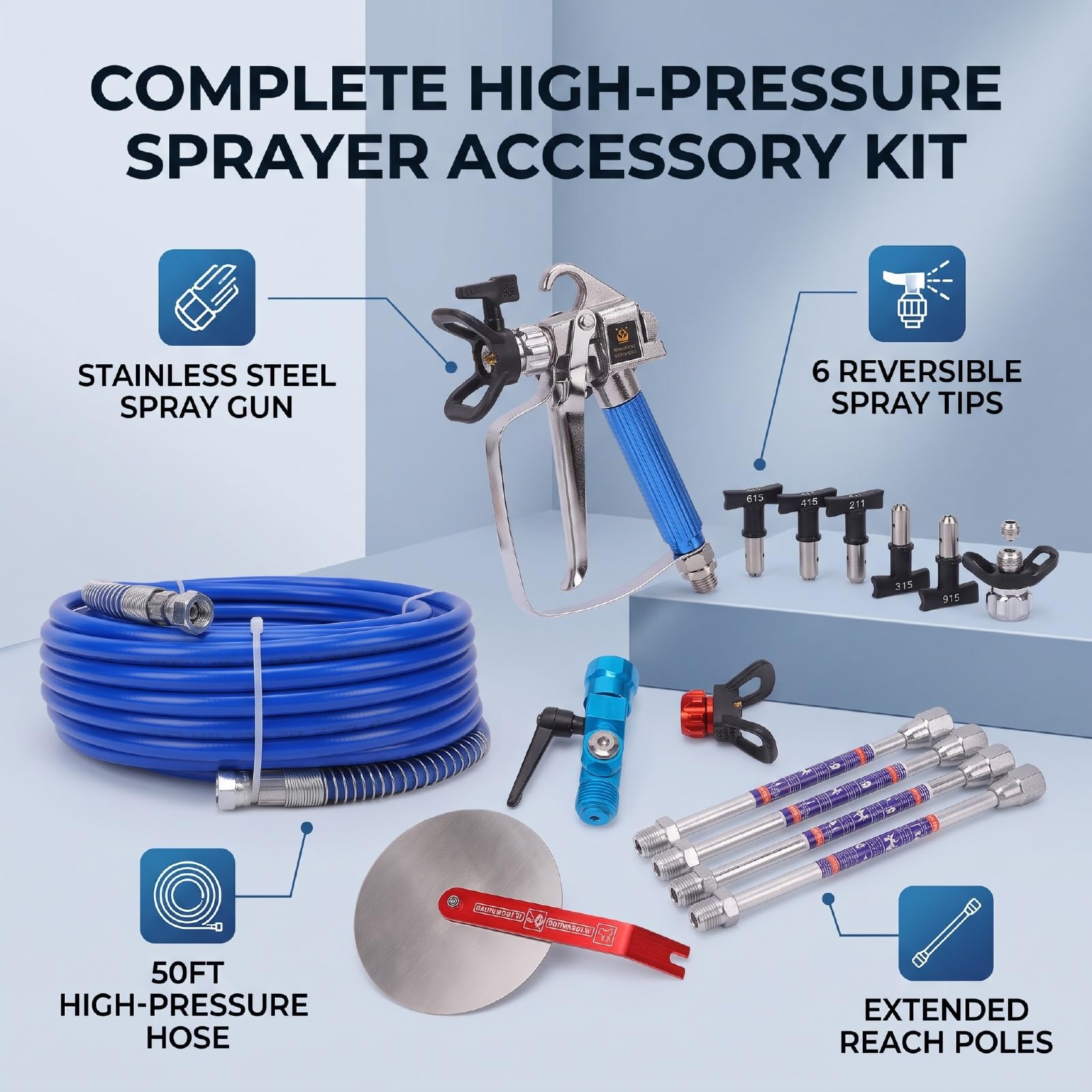 Kit de Pulverizador de Pintura sin Aire con Manguera de 15 M y 6
