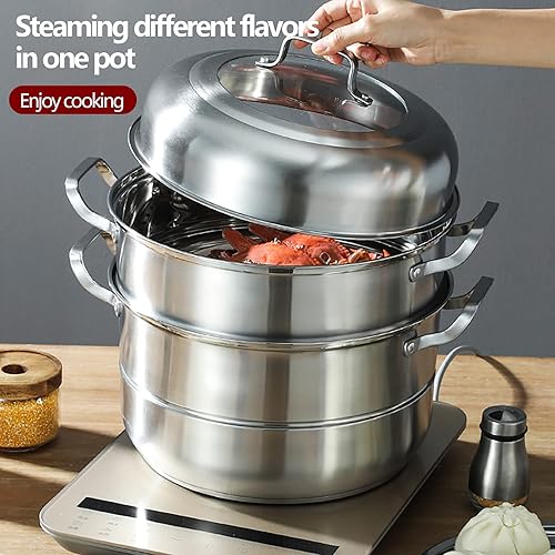 Miniatura 4 de Olla de vapor de acero inoxidable de 5 niveles de múltiples niveles para cocinar con inserto de sartén apilable, vaporizadores de alimentos de 12.6