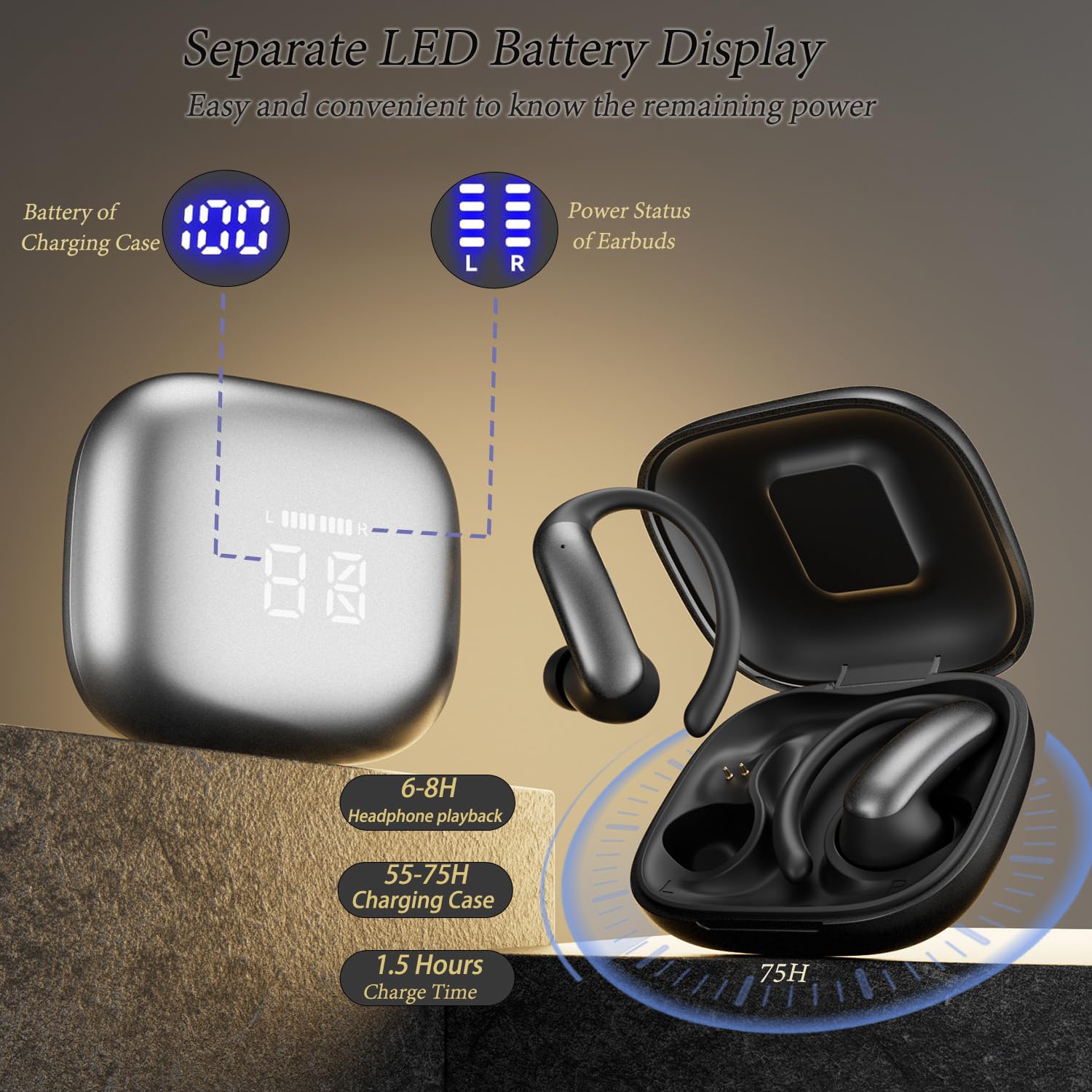 Ecouteurs Bluetooth 6.0 sans Fil Sport,Écouteur pour Courir IPX7, 75Hrs avec 3D HiFi Stéréo,Écran LED Earbuds Android/iOS,ENC Réduction Bruit Mic,oreillette Casque pour Running/Sport (Noir)
